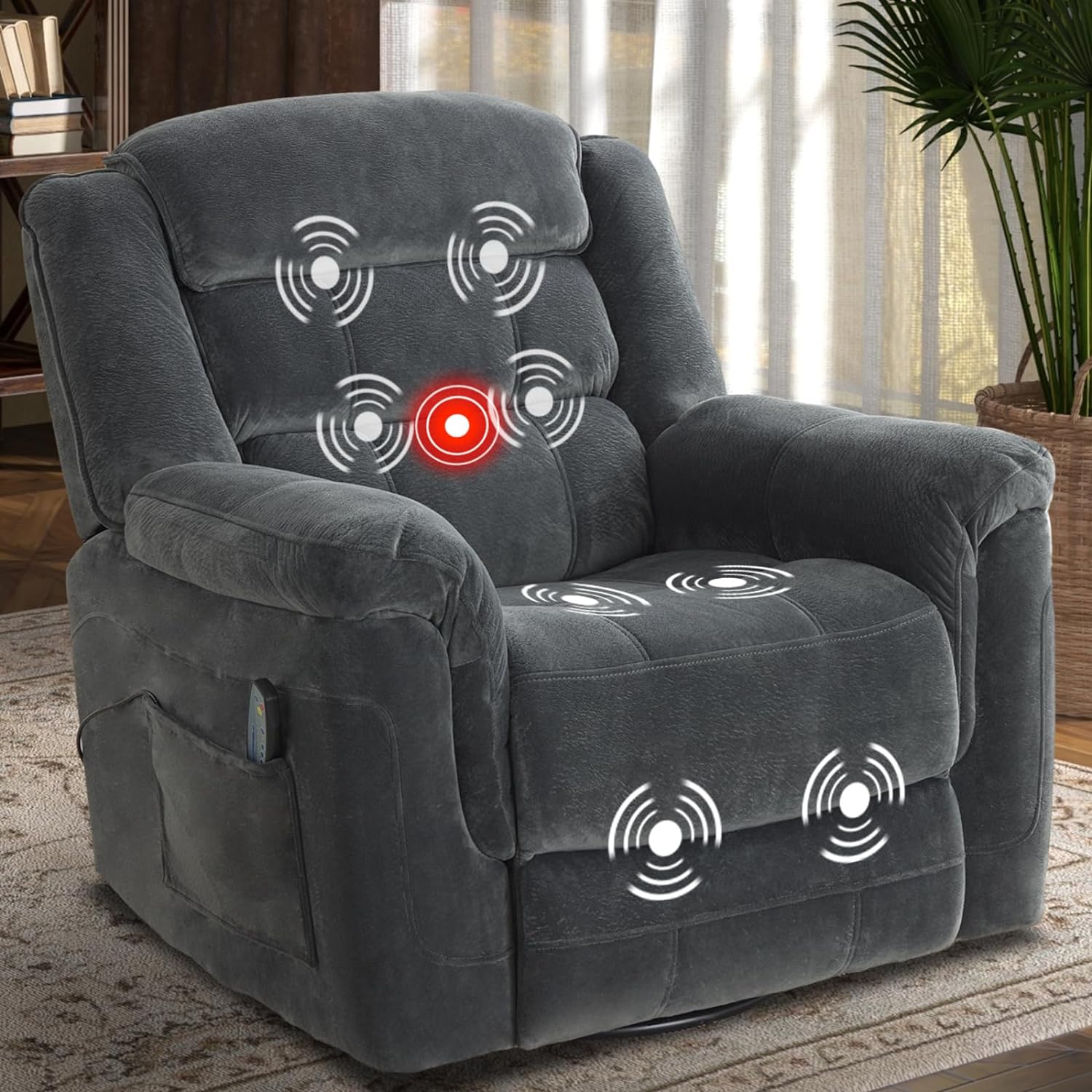 INZOY Oversized Swivel Rocker Recliner with Heat and Vibration, Manual Swivel Rocking Recliner Chair with Massage Vibrating, Overstuffed Soft Fabric Heated Recliner, 360 Swivel Glider Recliner, Grey