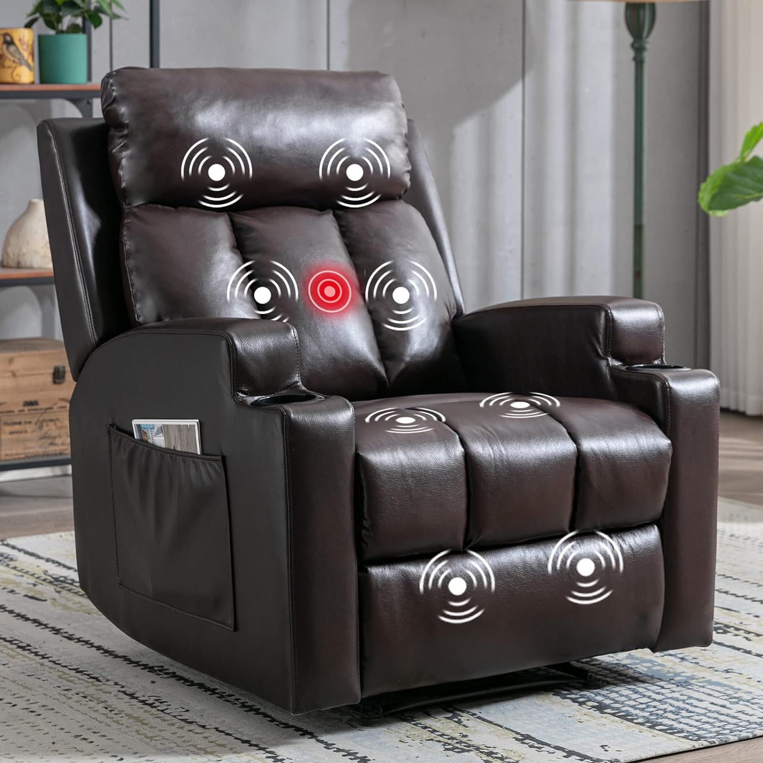 ANJ HOME PU Leather Massage Recliner Chair with Heat, Manual Reclining Chair with Side Pockets and Cup Holders, Single Sofa Home Theater Seating, Brown