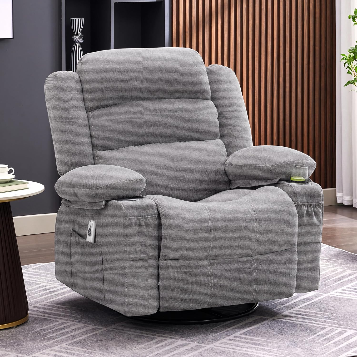 Swivel Rocker Recliner Chair with Heat and Massage, Ergonomic Lounge 360 Degree Swivel Single Sofa Seat with Rocking Function and Side Pocket, Oversized Recliner with Cup Holders, Grey