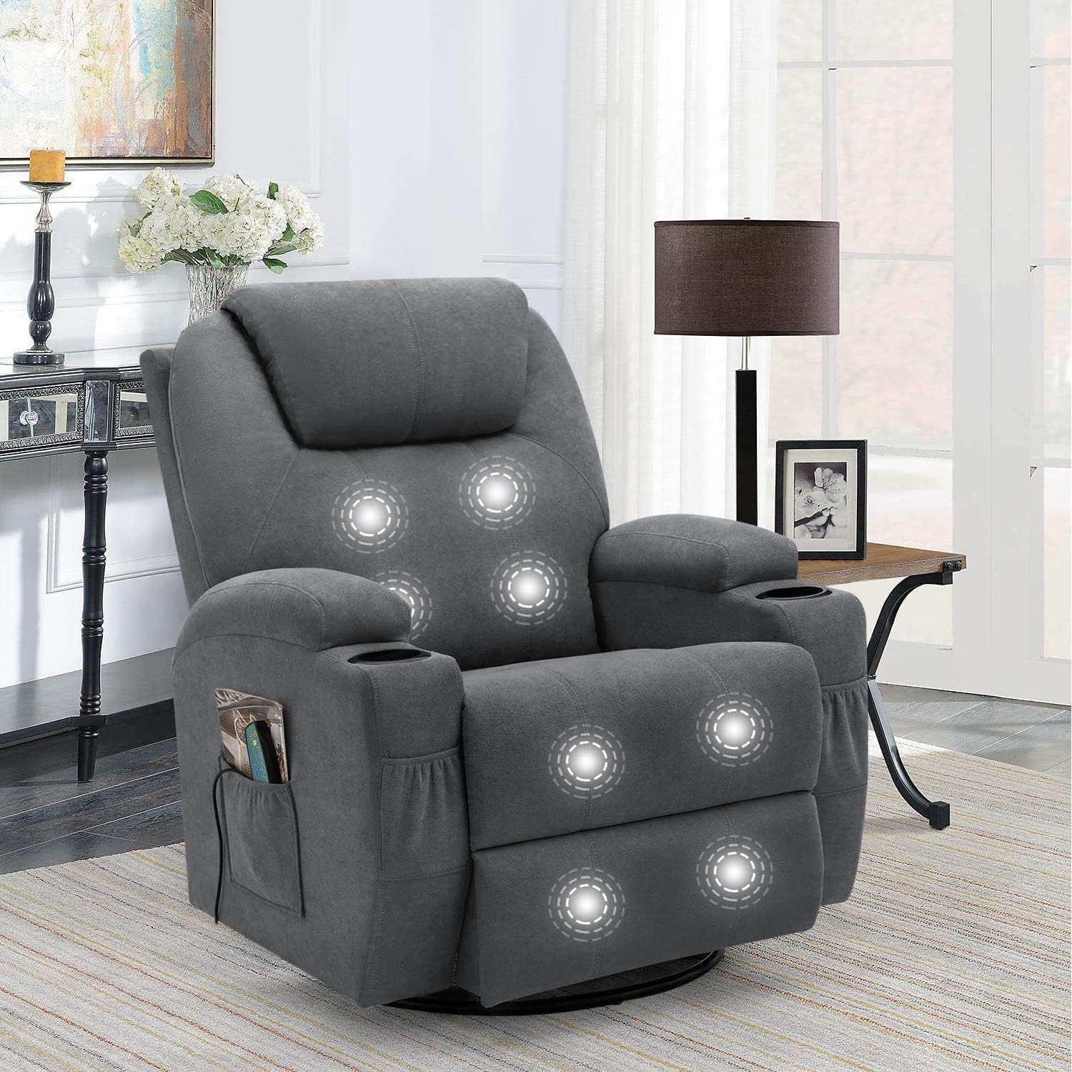 Flamaker Rocking Chair Recliner Chair with Massage and Heating Swivel Ergonomic Lounge Chair Classic Single Sofa with 2 Cup Holders Side Pockets Living Room Chair Home Theater Seat (Gray)