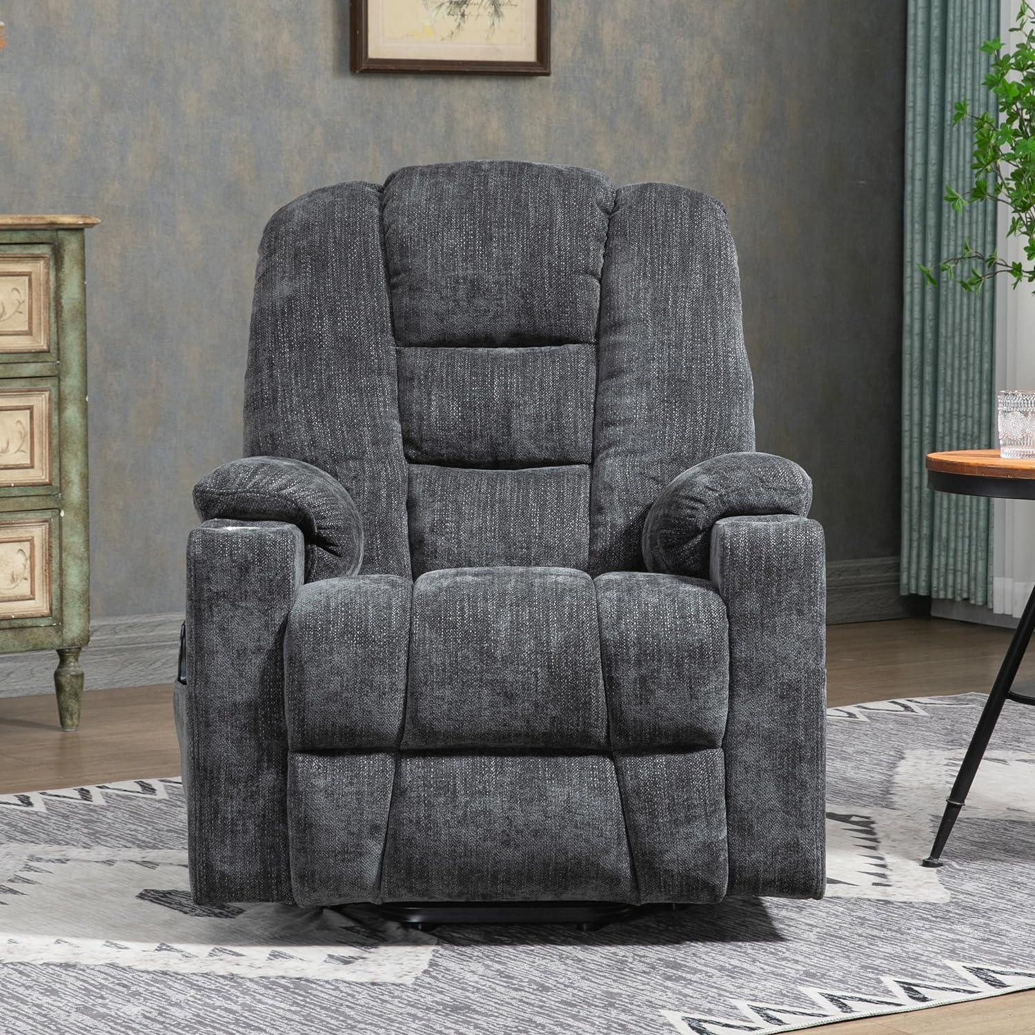 Large Power Lift Recliner Chair with Massage and Heat for Elderly Big People, Overstuffed Wide Recliners, Heavy Duty Motion Mechanism with USB and Type C Ports, 2 Steel Cup Holders, Grey