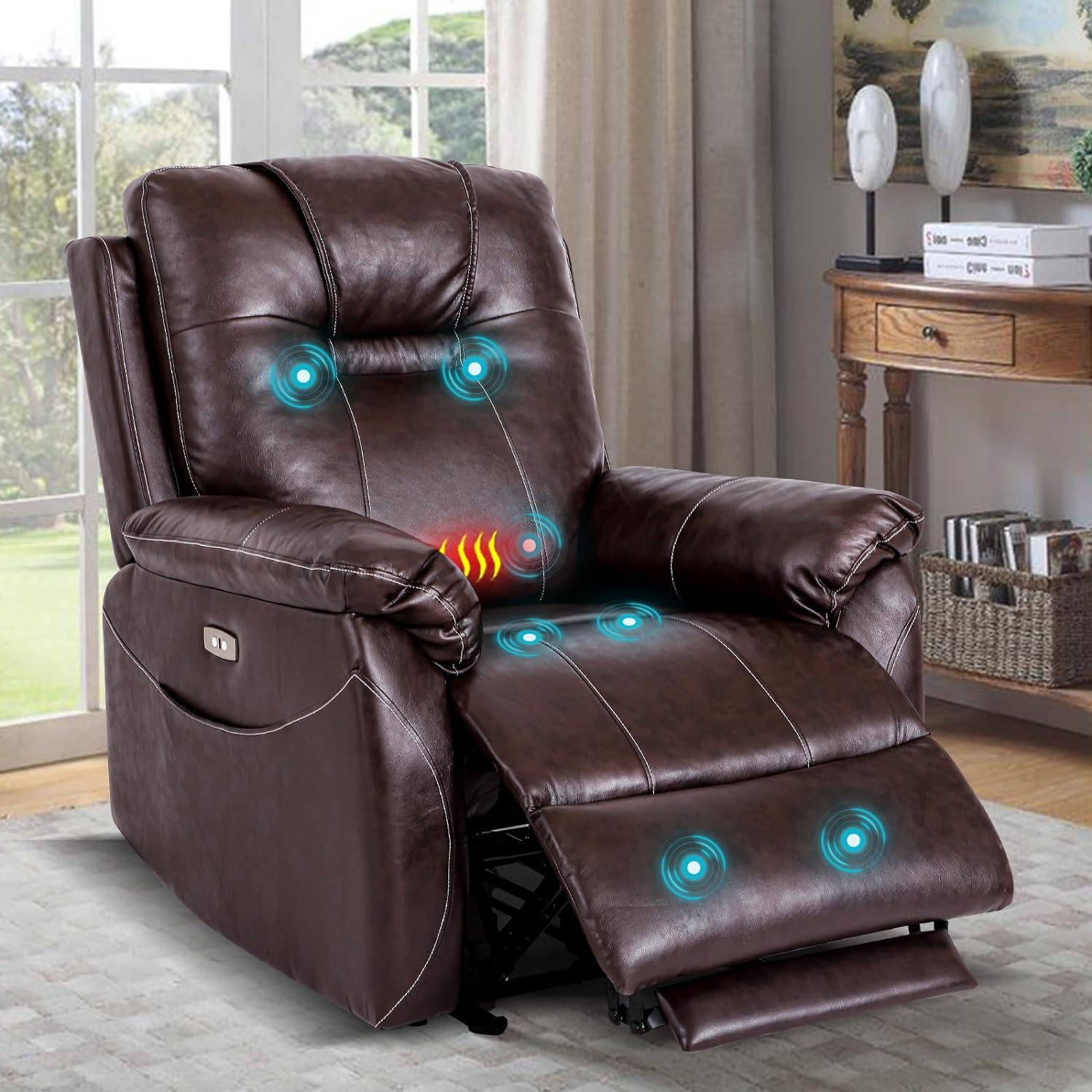 Power Recliner Chair, Electric Power Recliner Chair with Massage and Heat, Electric Recliner Chairs for Seniors, Electric Power Recliner Chair with Extended Footrest, USB Port, 2 Side Pockets