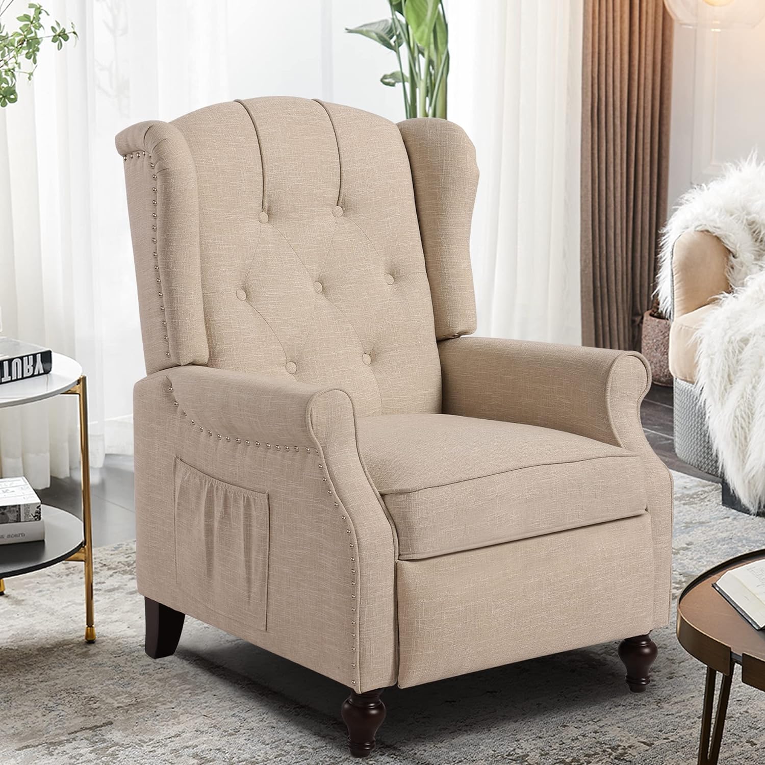 Wingback Recliner Chair with Massage and Heat Tufted Fabric Push Back Arm Chair for Living Room Vintage Recliner Chair with Remote Control, Padded Cushion, Backrest, Wooden Legs