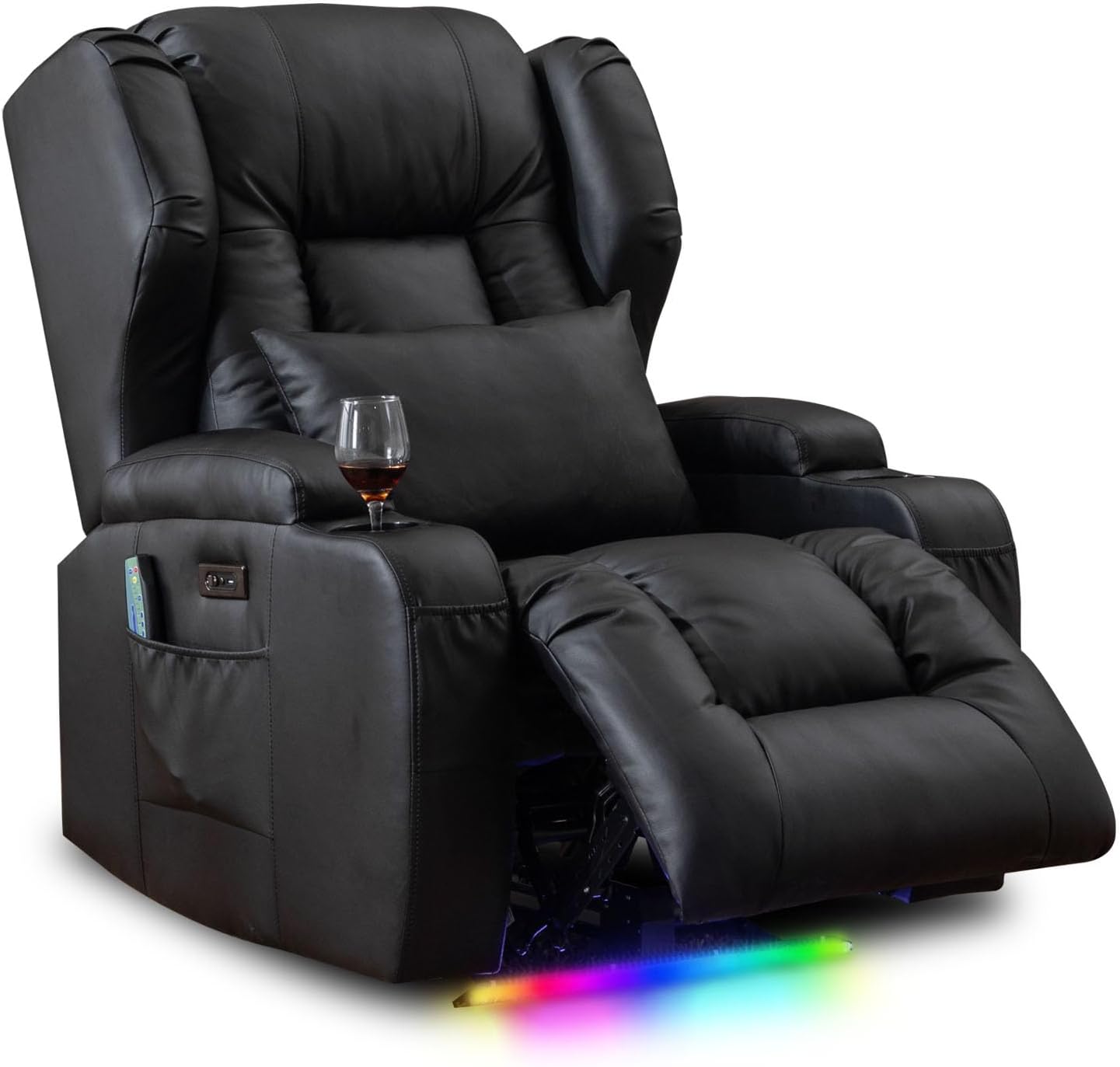 Power Recliner Chair with Heat and Massage, Faux Leather Recliner Sofa Chairs for Living Room Home Theater Seating with LED Lights/Cup Holders/Side Pocket/USB Port/Infinite Position