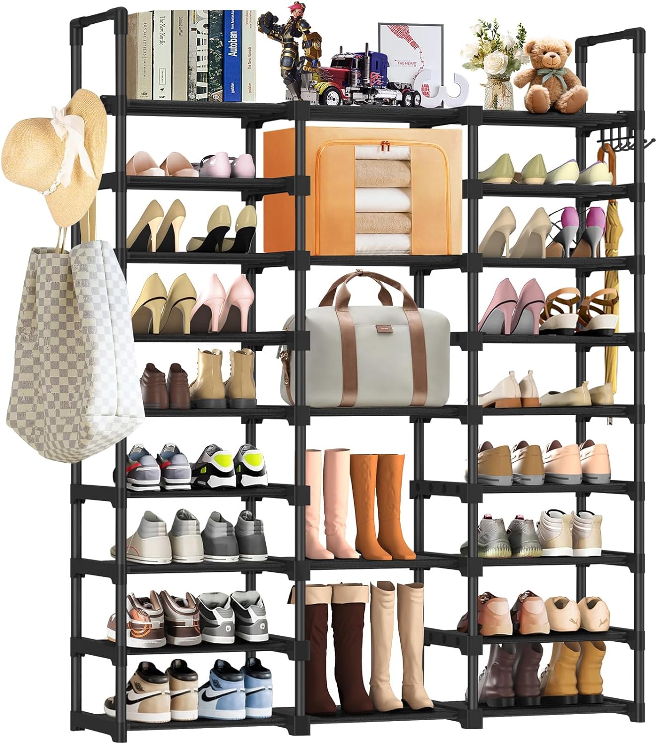 Kayfia 9 Tiers Shoe Rack Shoe Organizer Storage with Non-Woven Fabric Tall Shoe Shelf Shoe Stand Holds 50-55 Pairs Boots Sturdy Metal Shoe Rack Stackable Free Standing Shoe Racks for Entryway, Black