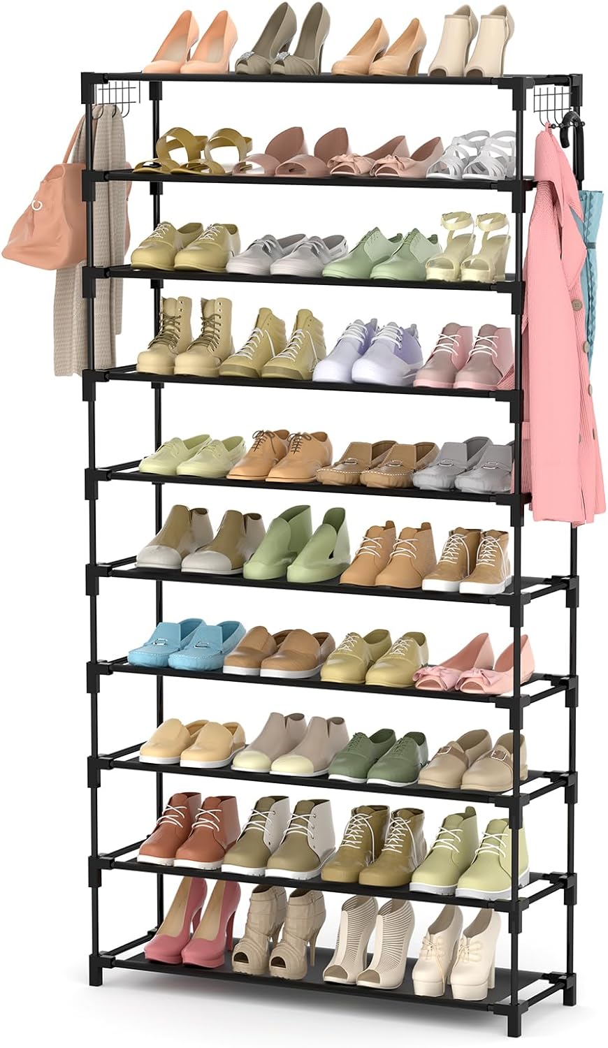 10 Tiers Shoe Rack 50 Pairs Large Capacity Tall Shoe Organizer Sturdy Shoe Storage with Two Hooks Space Saving Metal Wide Shoe Rack for Closet, Entryway, Bedroom, Black