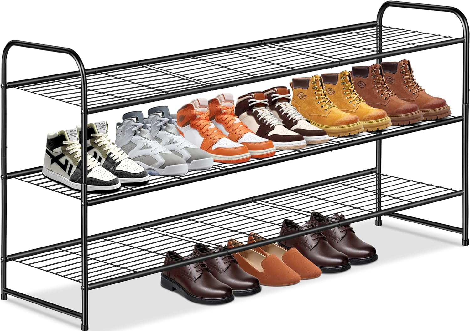 KEETDY 3-Tier Long Shoe Rack for Closet Metal Shoe Organizer for Entryway, Wide Stackable Shoe Storage Shelf with Sturdy Wire Grid for Closet Floor, Bedroom, Black