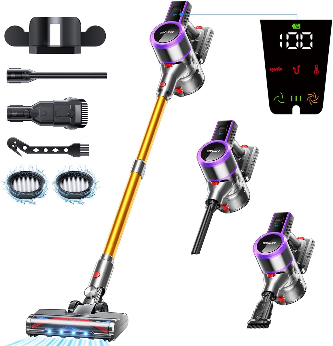 Cordless Vacuum Cleaner, 550W/45KPA/60Mins Runtime Vacuum Cleaners for Home, LED Display, 1.5L Cup, Lightweight, Ultra-Quiet, Cordless Stick Vacuum for Carpet/Hard Floor/Car/Pet