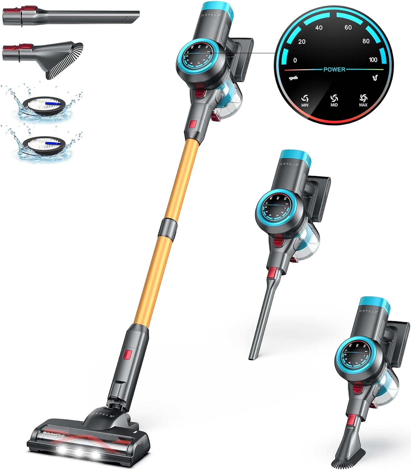 ORFELD Cordless Vacuum Cleaner, 500W/40Kpa Stick Vacuum with Self-Standing, Max 60Mins Runtime, Vacuum Cleaner with LED Display, Anti-Tangle Vacuum Cleaners for Home/Carpet/Hardwood Floor/Pet Hair