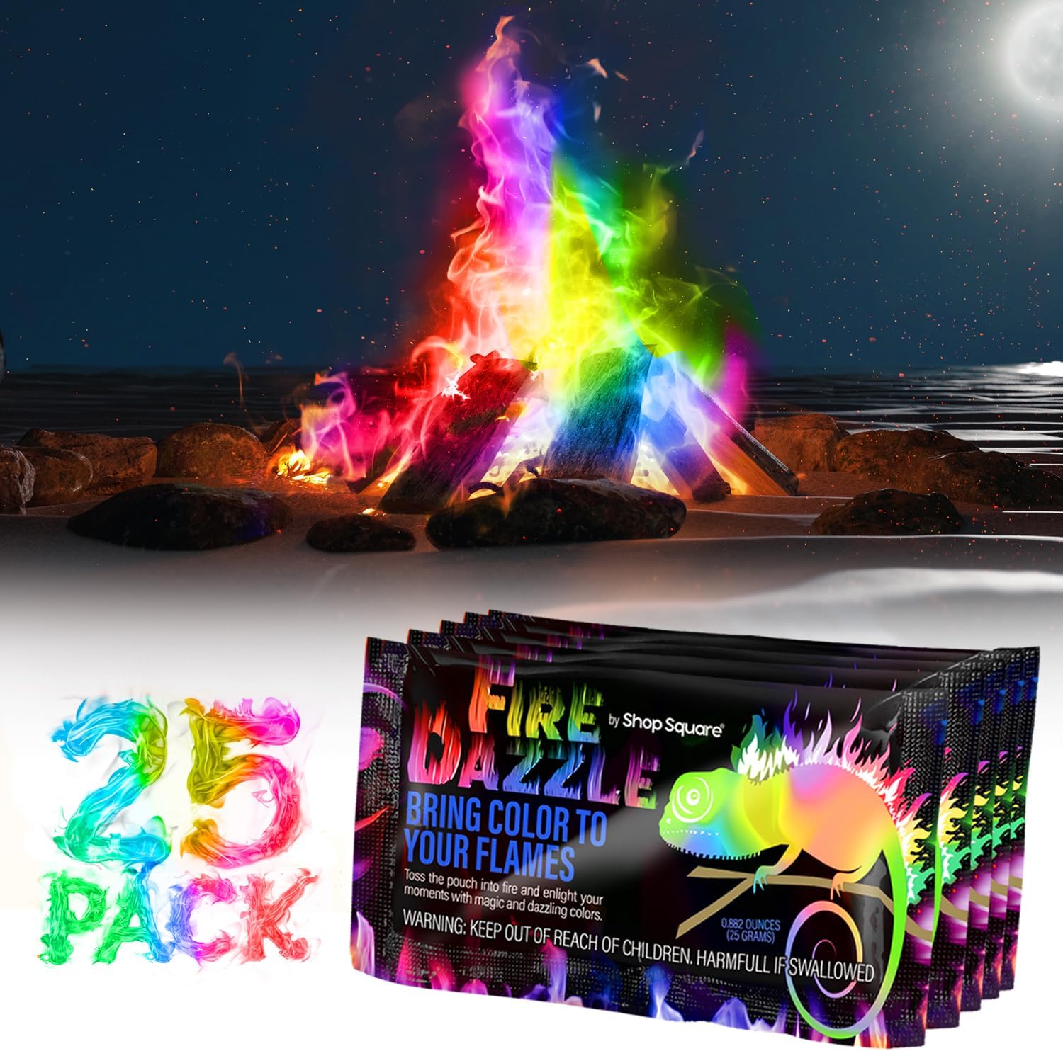 Fire Dazzle Fire Color Changing Packets for Fire Pit - 25 Pack Fire Color Packets, Flame Color Changer for Fire Pit and Campfires - Fire Pit Accessories, Campfire Accessories for Kids and Adults