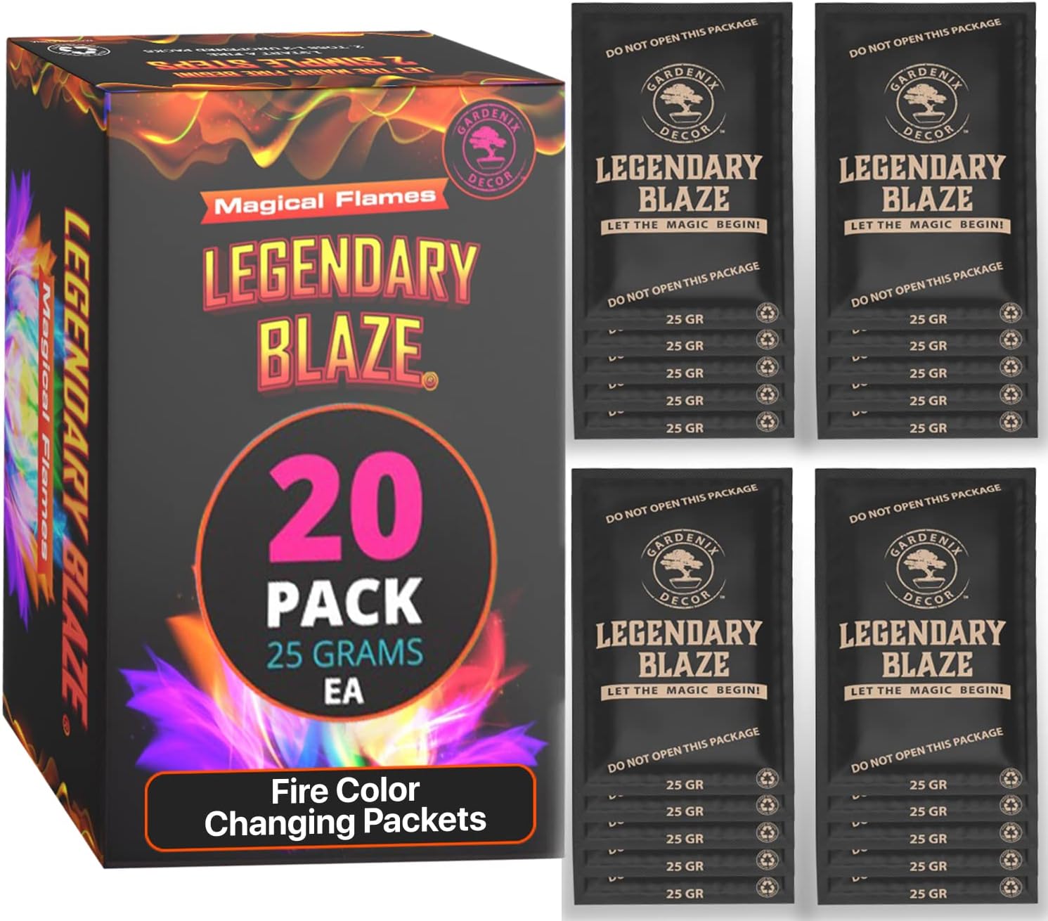 20 Pack Legendary Blaze Magical Flames Fire Color Changing Packets - Fire Pits and Campfire Accessories for All Seasons - Create Magic Colorful Fire with Color Flame Packs for Fire Pit