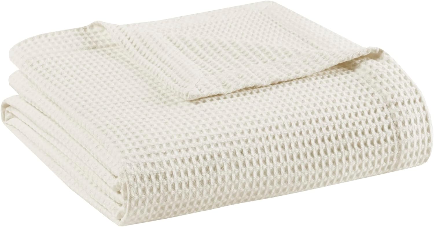 Beautyrest 100% Cotton Blanket, Trendy Woven Waffle Weave Design, All Season, Lightweight, Breathable, Soft and Cozy Casual Summer Cover, for Bed, Couch and Sofa, Full/Queen(90 in x 90 in), Ivory