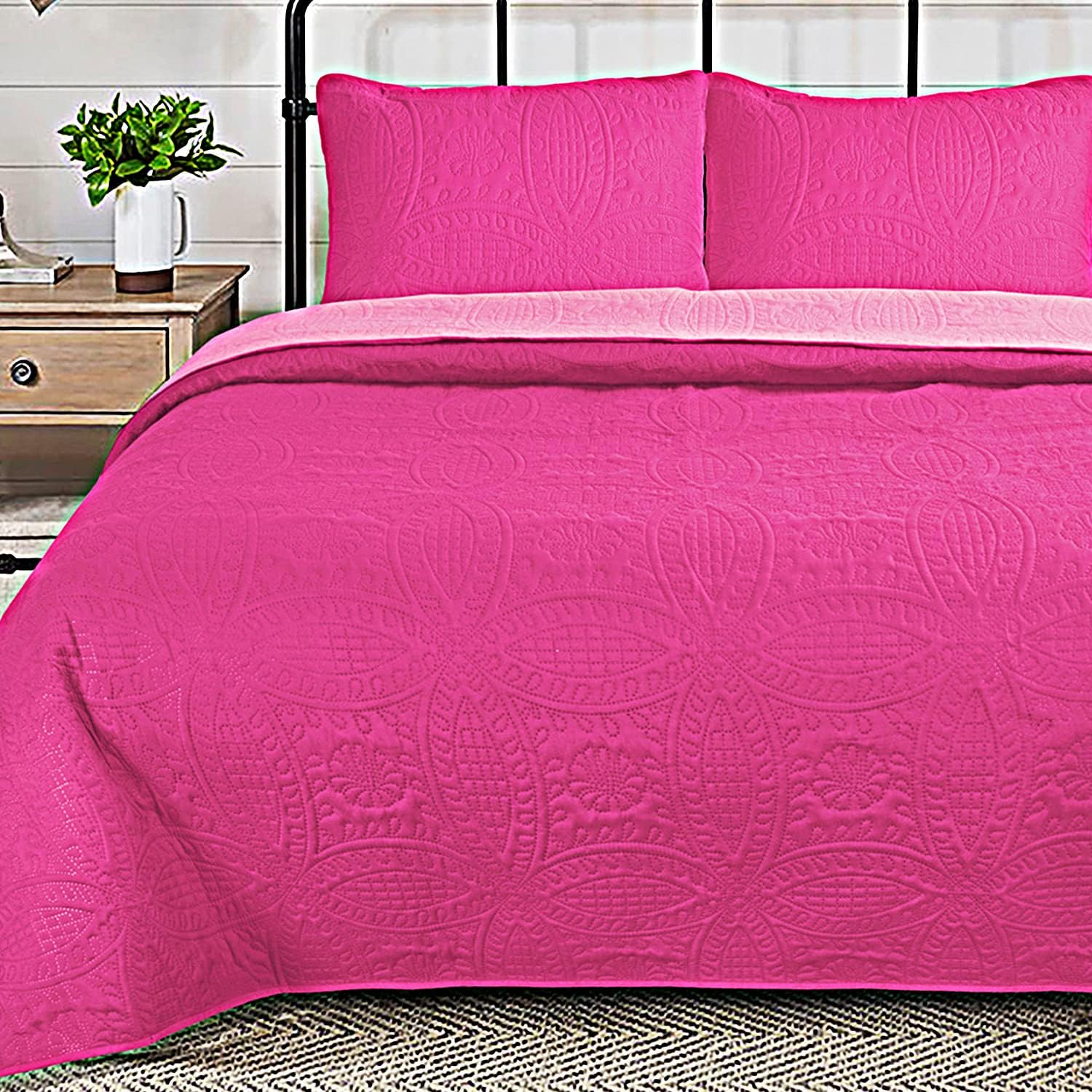 3 Pieces Hot Pink Quilt Set King, Oversized & Light Weight Ultrasonic Embossed Bedspread Set with Coin Medallion Pattern, Modern All Season Solid Coverlet for Bedroom, Microfiber