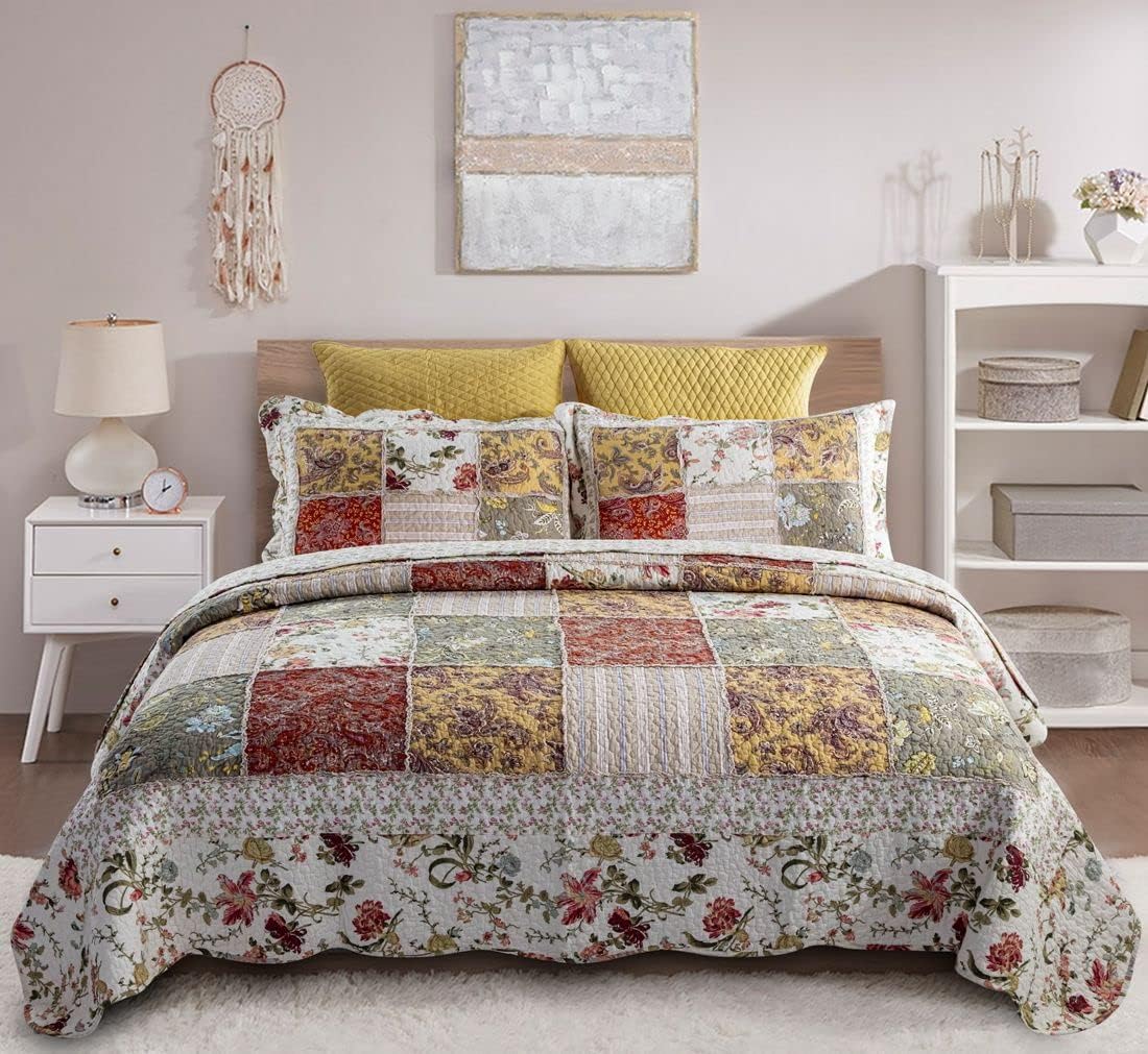 Patchwork Bedspread Quilt Set Oversized King (Touch Floor Size) - Reversible Breathable Blanket Floral Quilted Coverlet with Shams, Country Rustic Bohemian Pattern Rural Bedding