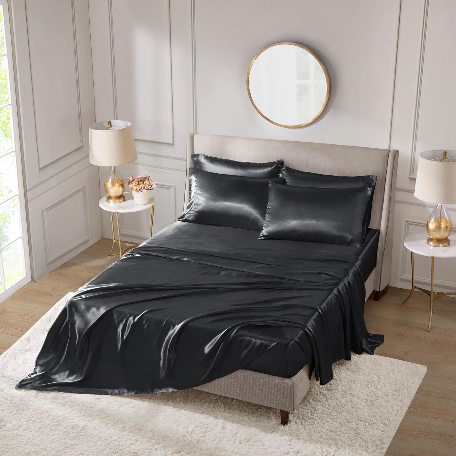 Madison Park Essentials Satin Sheets Queen Size, Luxurious Silky Satin Bed Sheets, Elastic 14 Pocket fits up to 16 Mattress, Wrinkle-Free, Soft Satin Bed Sheet Set, Black 6 Piece