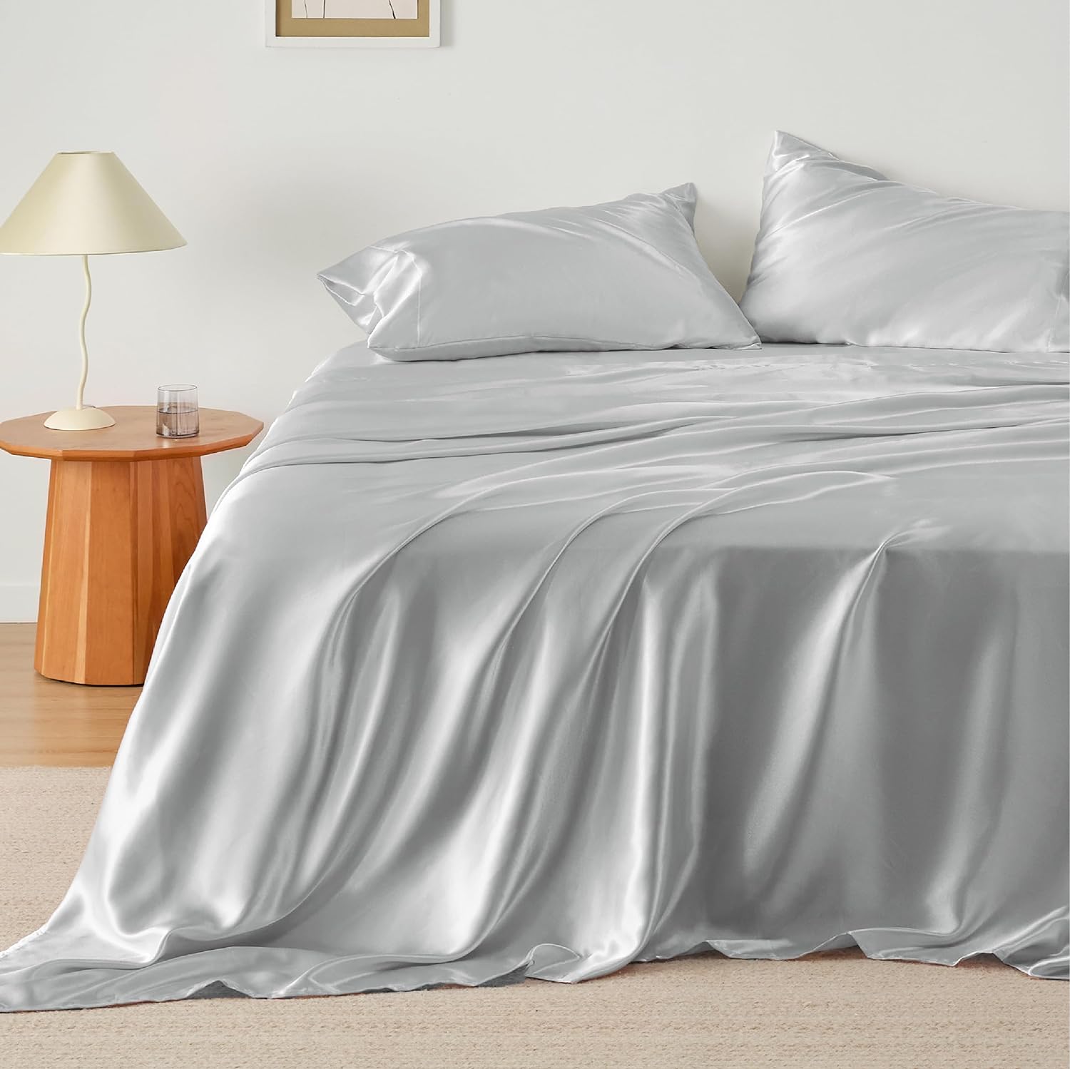Bedsure Satin Sheets - Soft Satin Bed Sheets Twin, 3 Pcs Luxury Silky Sheets, Similar to Silk Sheets, Silver Grey Satin Sheets Twin for Hair and Skin, Gifts for Women