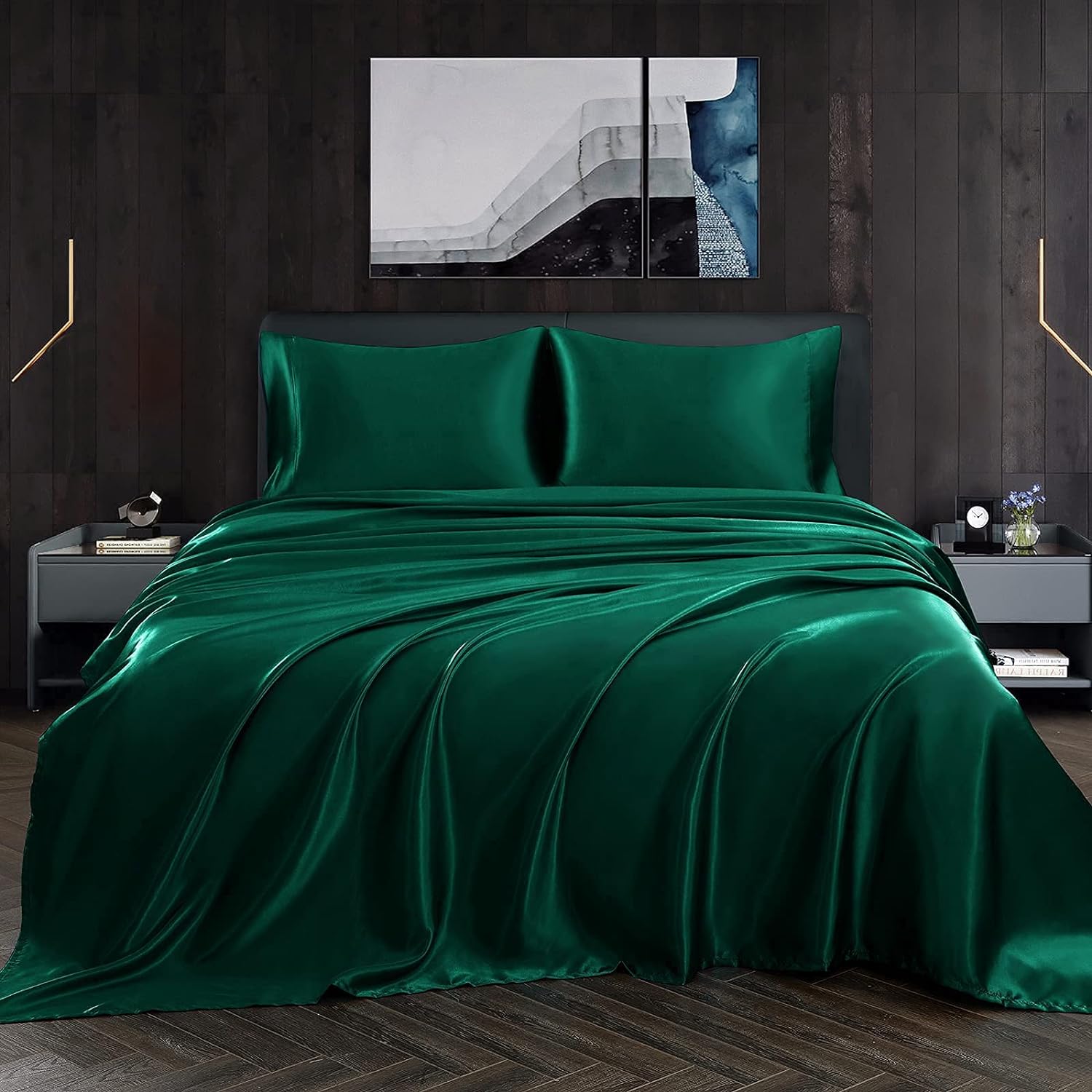 Homiest 4pcs Satin Sheets Set Luxury Silky Satin Bedding Set with Deep Pocket, 1 Fitted Sheet + 1 Flat Sheet + 2 Pillowcases (Full Size, Blackish Green)