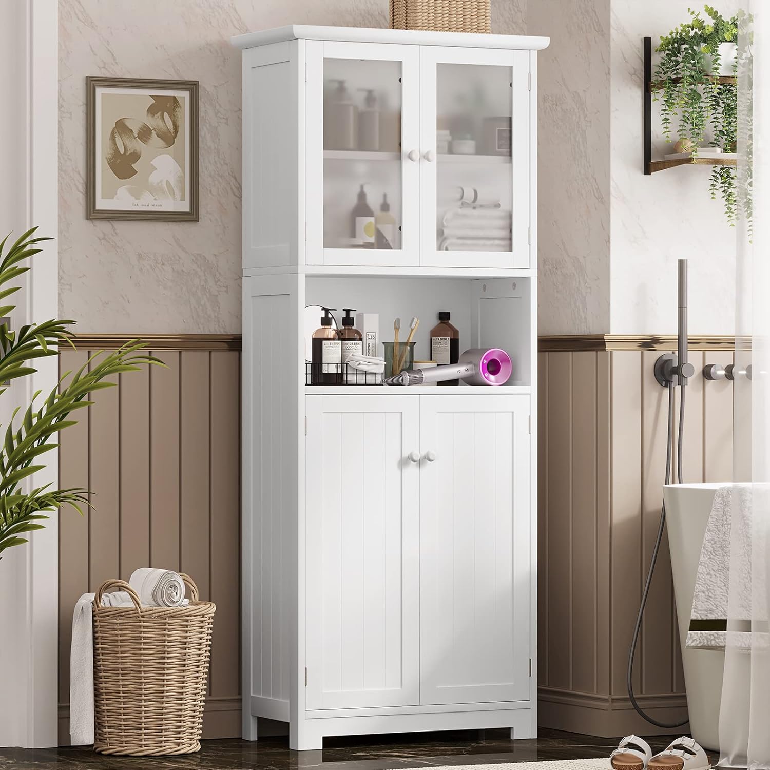 Tiptiper Tall Large Floor Storage Cabinet with Open Compartments and 2 Cabinets with Doors, 64 Height Freestanding Linen Tower Cabinet, for Home Kitchen, Bathroom, Living Room, White