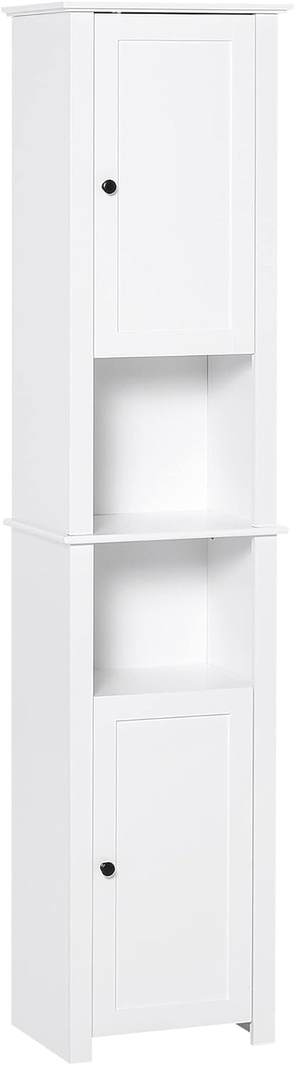 HOMCOM Tall Bathroom Storage Cabinet, Freestanding Linen Tower with 2-Tier Shelf and 2 Cupboards, Narrow Side Floor Organizer, White