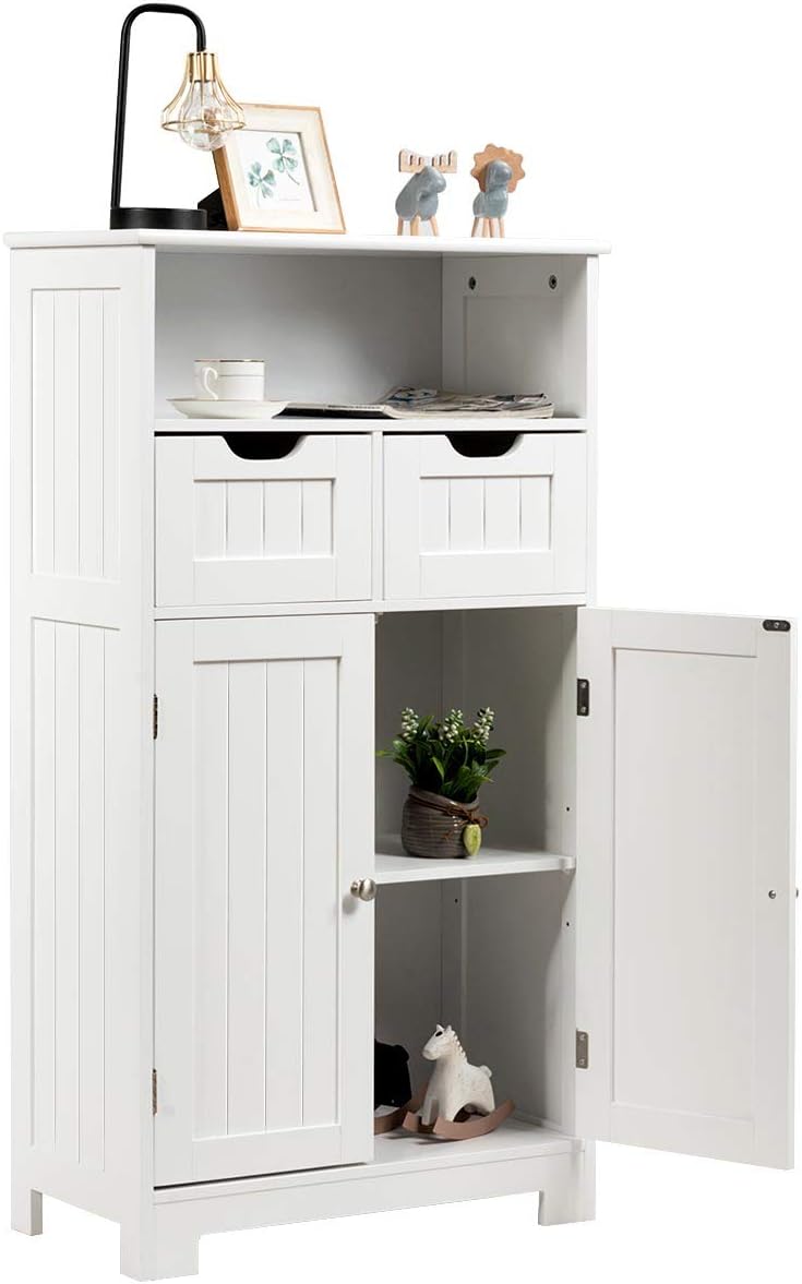 Tangkula Bathroom Floor Cabinet, Storage Cabinet w/Open Shelf, 2 Doors & 2 Adjustable Drawers, Standing Cupboard for Kitchen, Bathroom Cabinet for Living Room Home Office (White)