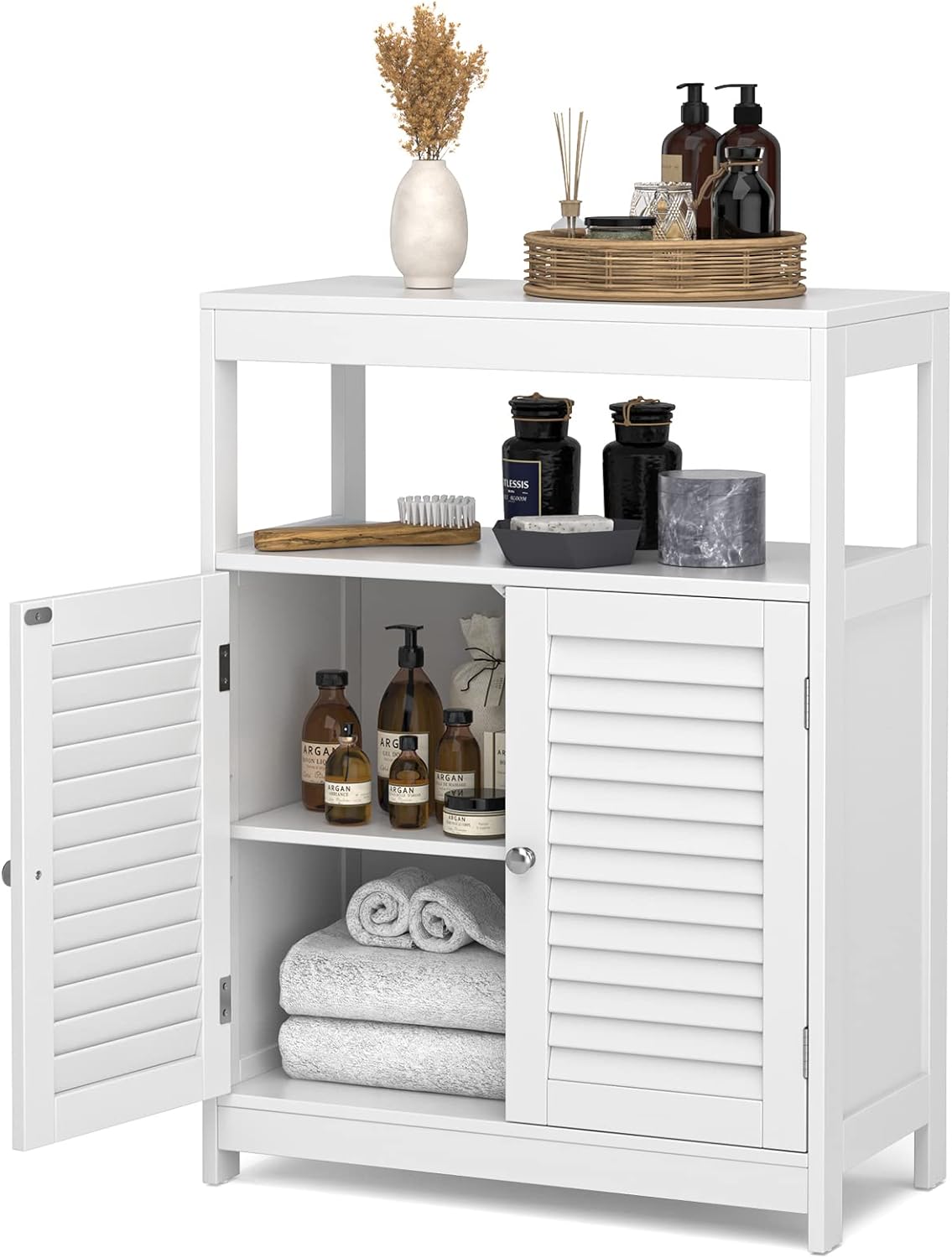 Tangkula Bathroom Storage Cabinet, Freestanding Floor Cabinet w/Double Shutter Doors & 3-Position Adjustable Shelves, Wooden Bathroom Organizer for Living Room (White)