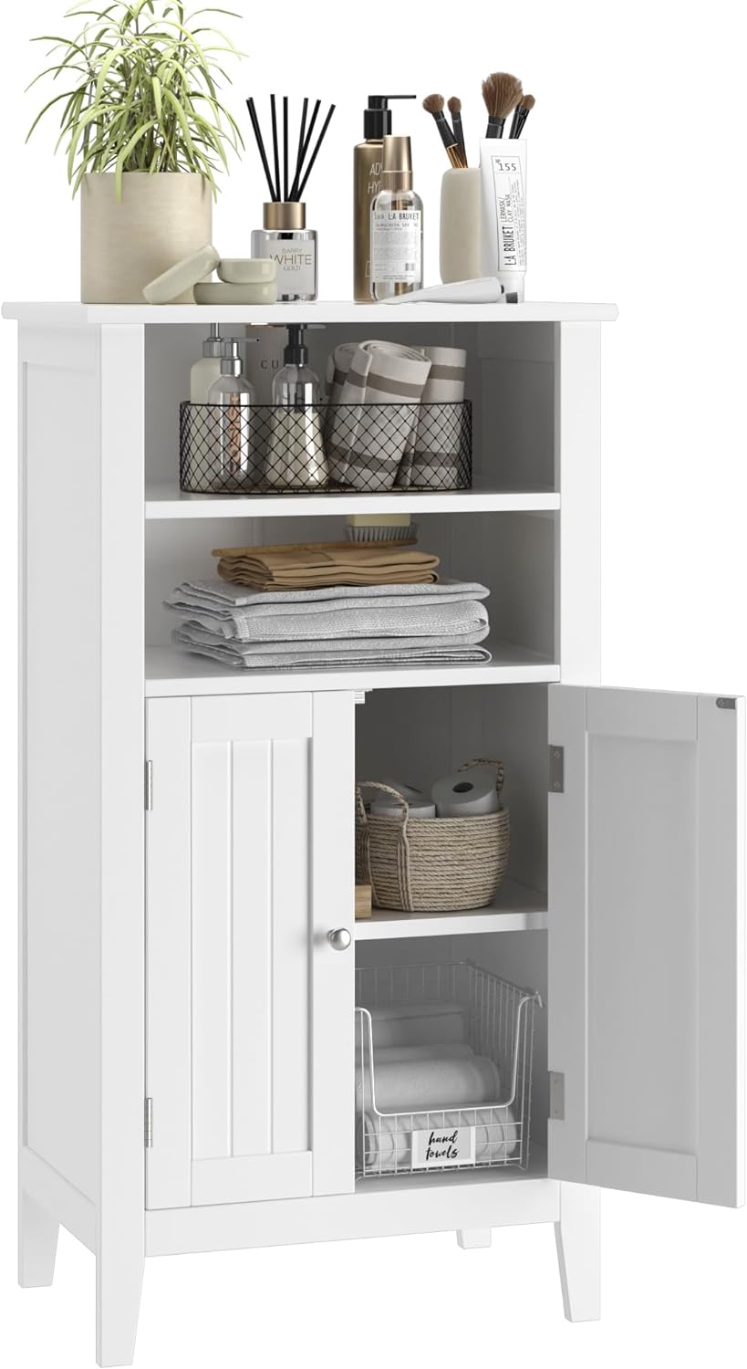 Bathroom Storage Cabinet, Free Standing Bathroom Cabinet with 2 Doors and Adjustbale Shelf, Wooden Entryway Storage Cabinet for Kitchen Living Room Bathroom, White