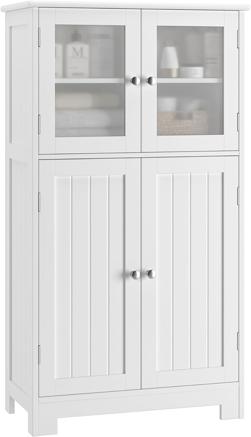 Bathroom Cabinet, Storage Cabinet with Adjustable Shelves & Glass Doors, Freestanding Floor Cabinet Cupboard for Living Room, Home Office White