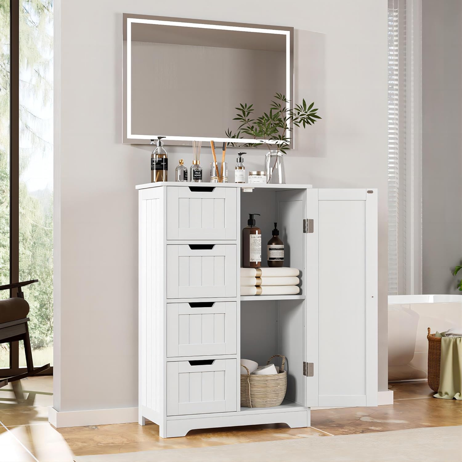 Bathroom Storage Cabinet, Small Kitchen Pantry Storage Cabinet with Drawers, Pantry Cabinet Storage Cupboard with Adjustable Shelf for Bathroom, Living Room, Dining Room, White