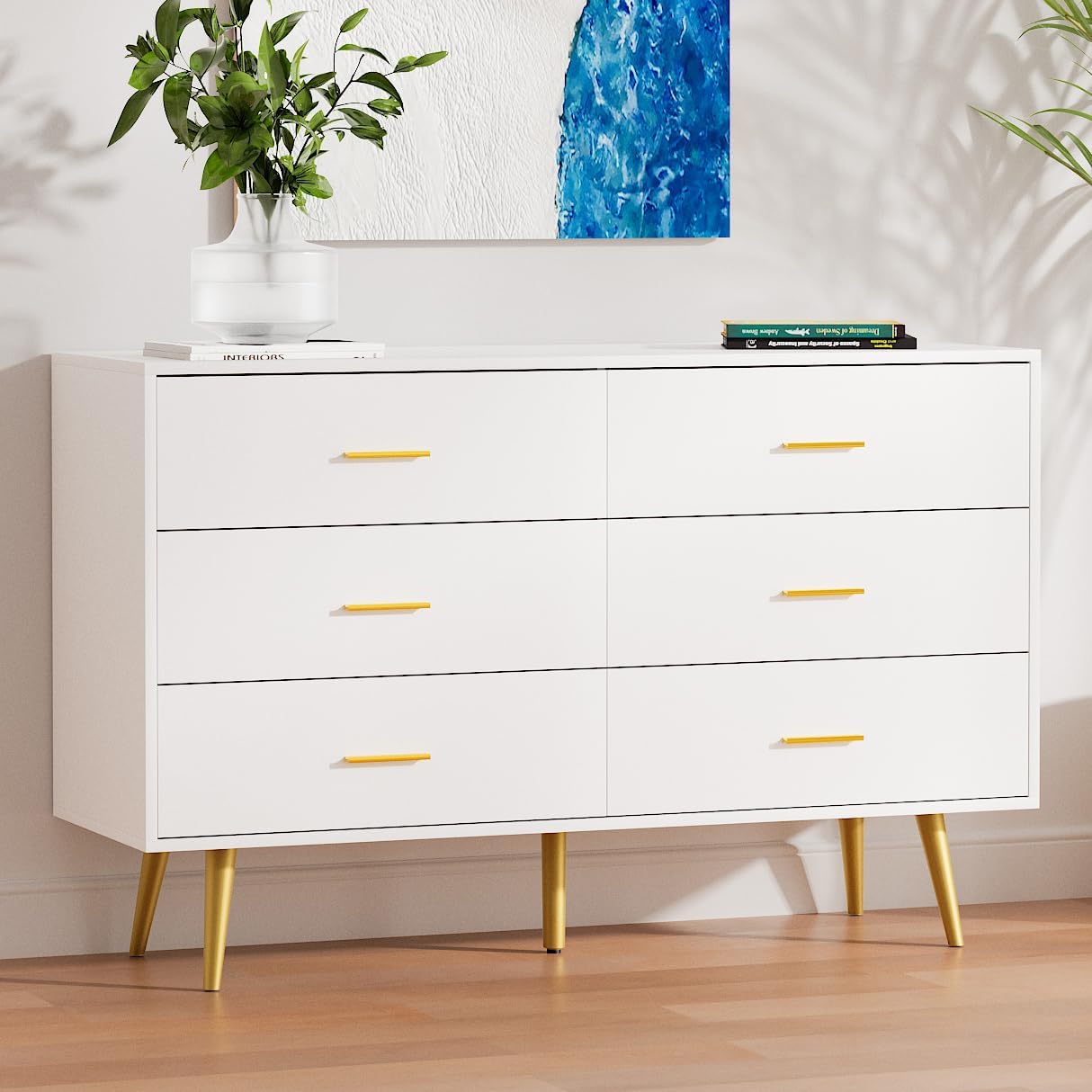 LYNSOM White Dresser for Bedroom, Modern 6 Drawer Dresser with Gold Handles, Wood Chest of Drawers for Kids Bedroom, Living Room