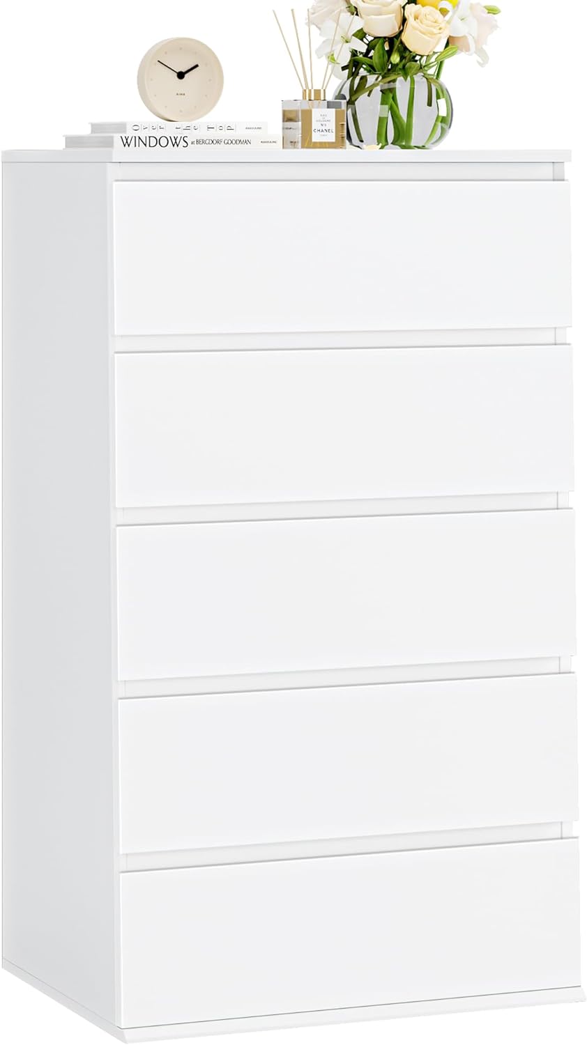 FOTOSOK White Dresser, 5 Drawer Dresser Tall White Dresser with Large Storage Space, Modern Storage Chest of Drawers, 23.6L x 17.6W x 39.1H Inch Storage Organizer Cabinet for Home, White