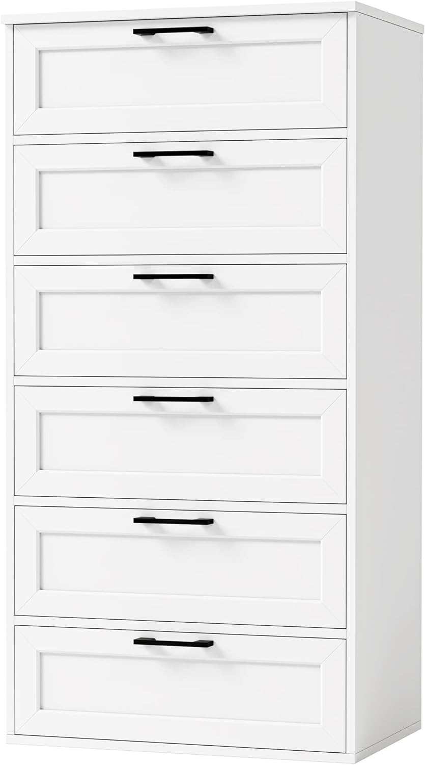 Tall Dresser, Dresser for Bedroom with 6 Drawers, Trapezoidal Design Chest of Drawers, Storage Organizer Unit for Bedroom, Living Room, Hallway, White (1)