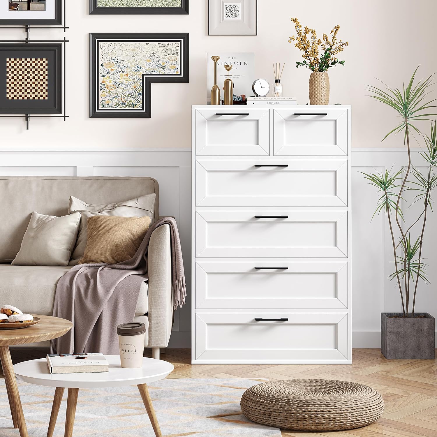 Dresser for Bedroom, White Dresser, Tall Dresser with 6 Drawers, Trapezoidal Design Chest of Drawers, Bedroom, Hallway, Entryway (1)