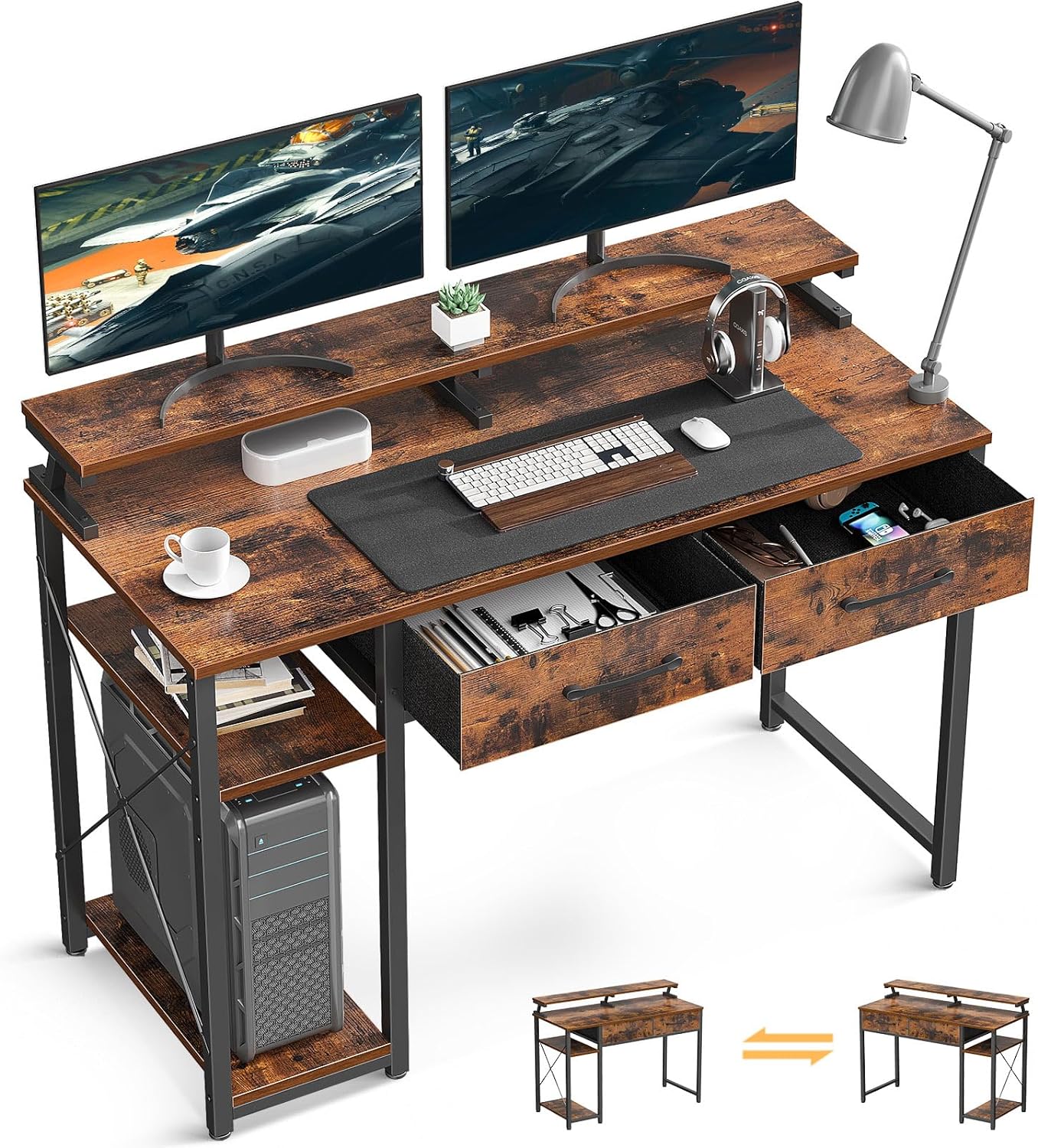 ODK Computer Desk with Drawers, 40 Inch Office Desk with Storage & Shelves, Work Writing Desk with Monitor Stand Shelf, Rustic Brown Home Office Desks for Small Spaces