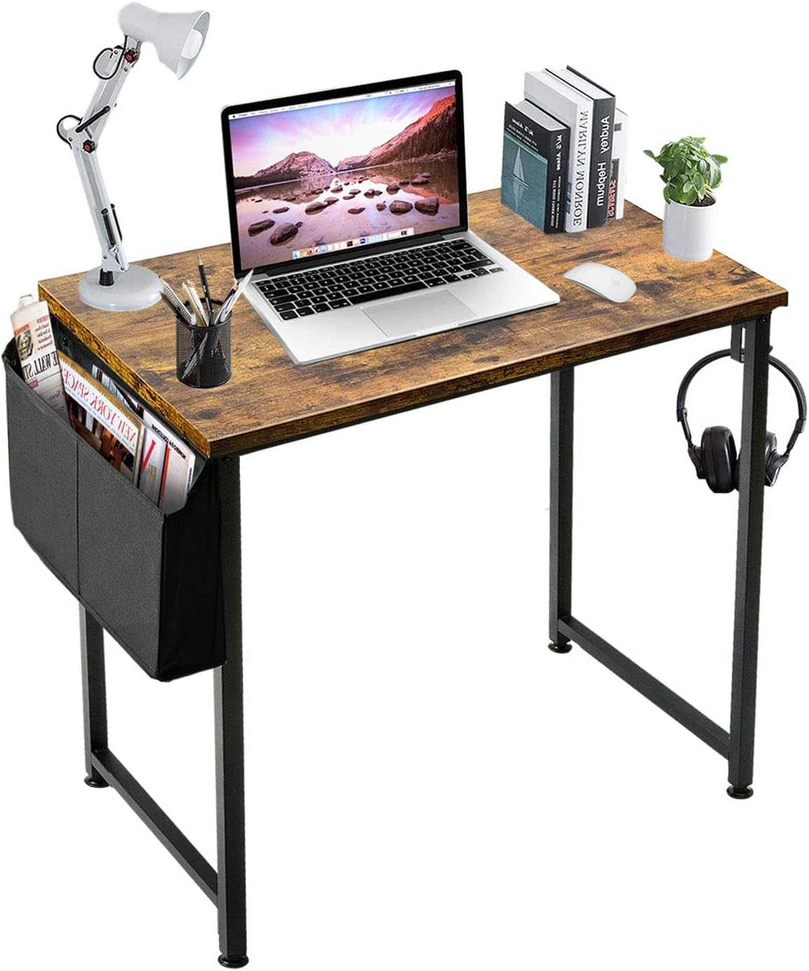 Lufeiya Small Computer Desk Study Table for Small Spaces Home Office 31 Inch Rustic Student Laptop PC Writing Desks with Storage Bag Headphone Hook,Brown