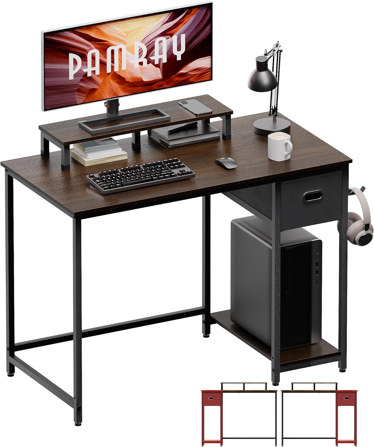 Pamray 39 Inch Computer Desk with Monitor Stand Small Home Office Desks with Non-Woven Storage Drawer for Bedroom Study Table Writing and Work Desk Deep Brown