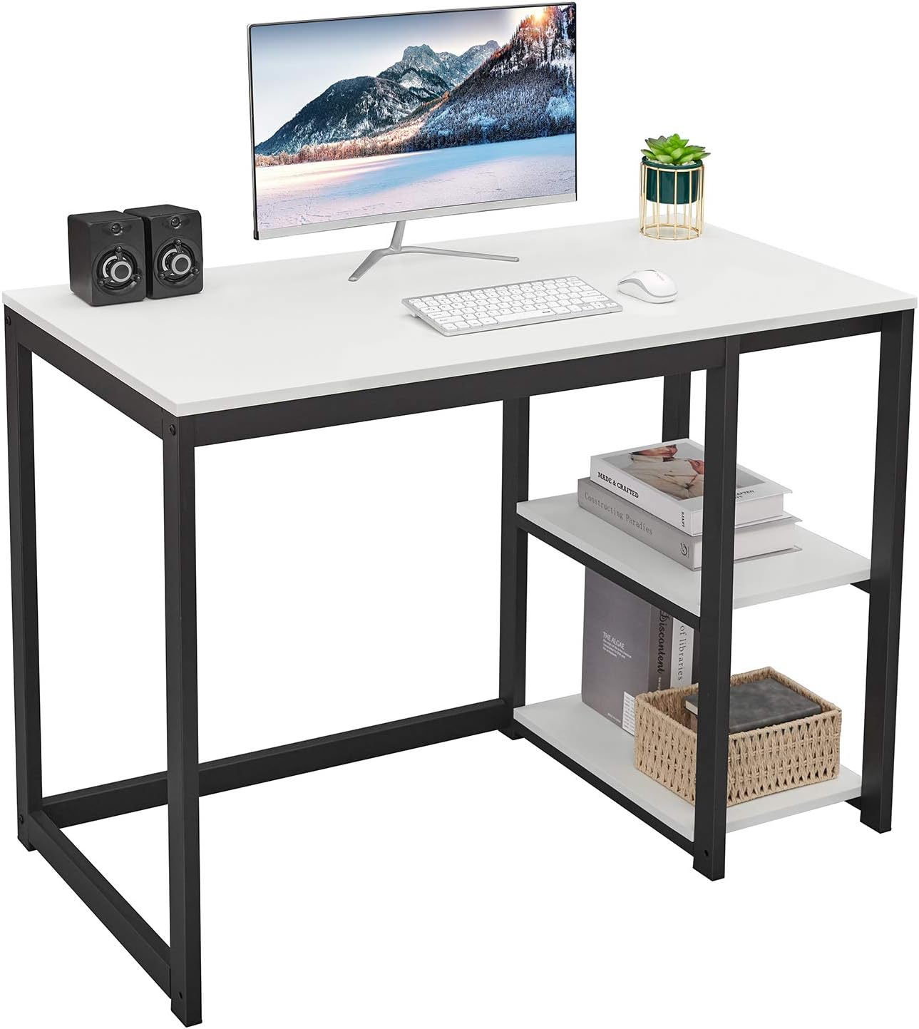 SINPAID Computer Desk 47 inches with 2-Tier Shelves Sturdy Home Office Desk with Large Storage Space Modern Gaming Desk Study Writing Laptop Table, White Desk