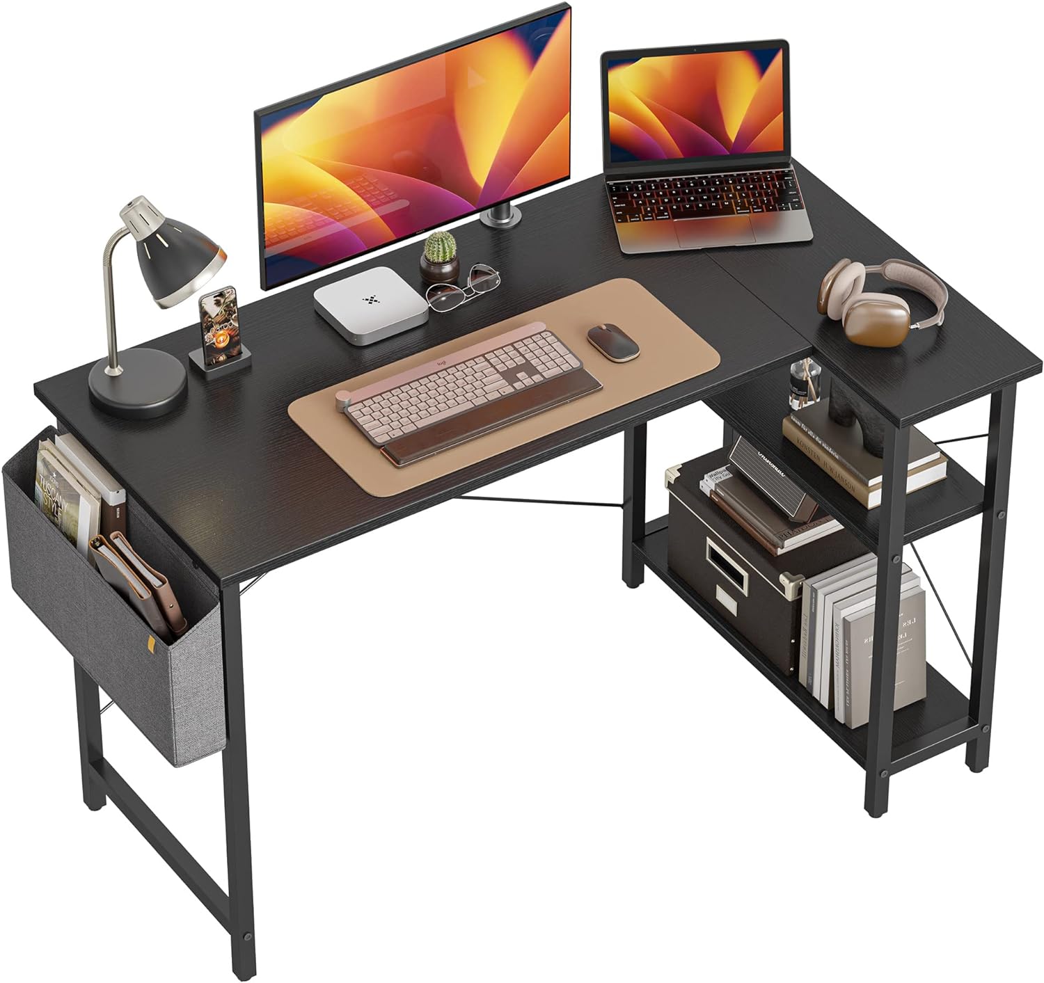 CubiCubi 47 Inch Small L Shaped Computer Desk with Storage Shelves Home Office Corner Desk Study Writing Table, Black