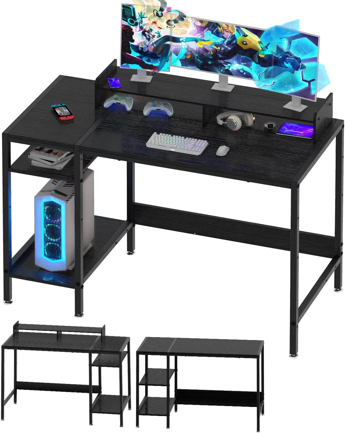 Computer Desk - 47 Gaming Desk, Home Office Desk with Storage, Small Desk with Monitor Stand, Storage Space-Savor, Modern Table, Black.