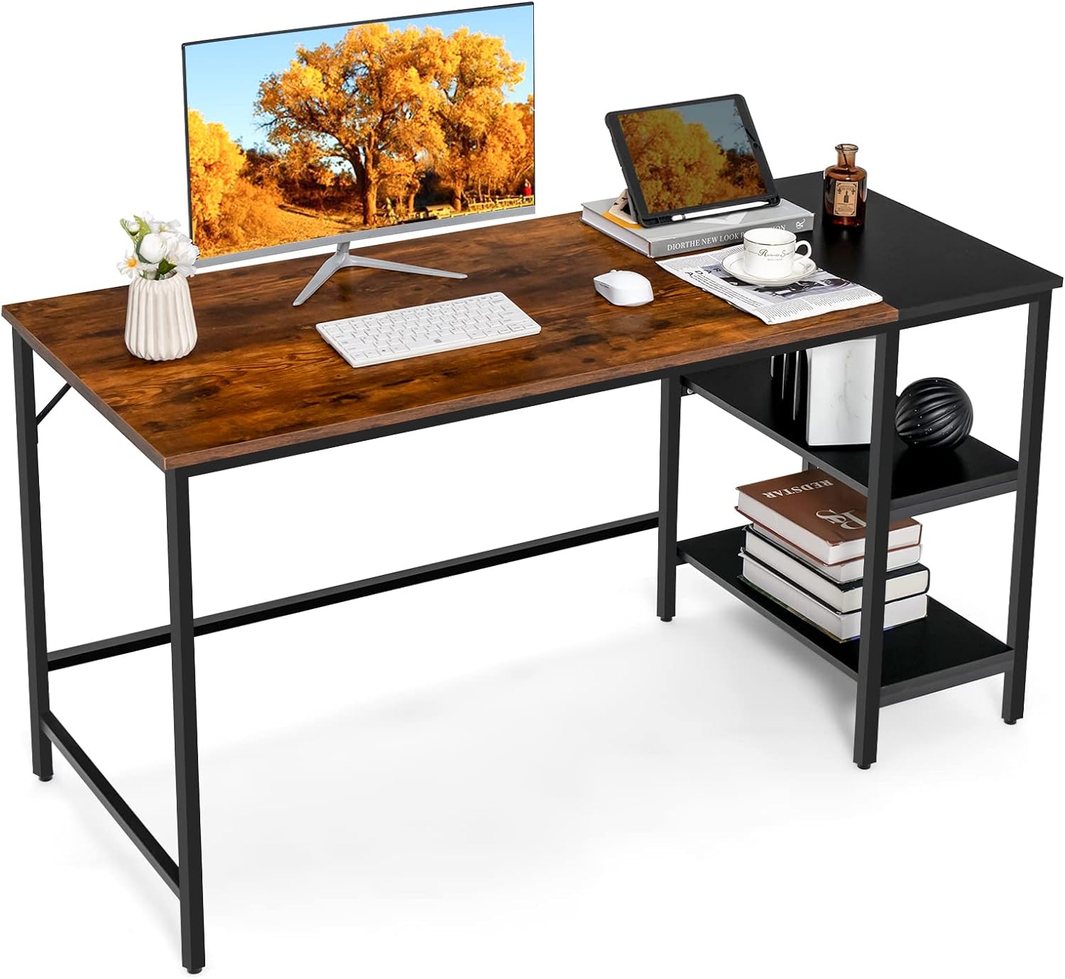 Tangkula 55 Computer Desk, Large Home Office Desk with 2-Tier Storage Shelves, Modern Laptop PC Desk with Heavy-Duty Steel Frame, Multipurpose Writing Desk Study Desk (Rustic Brown)