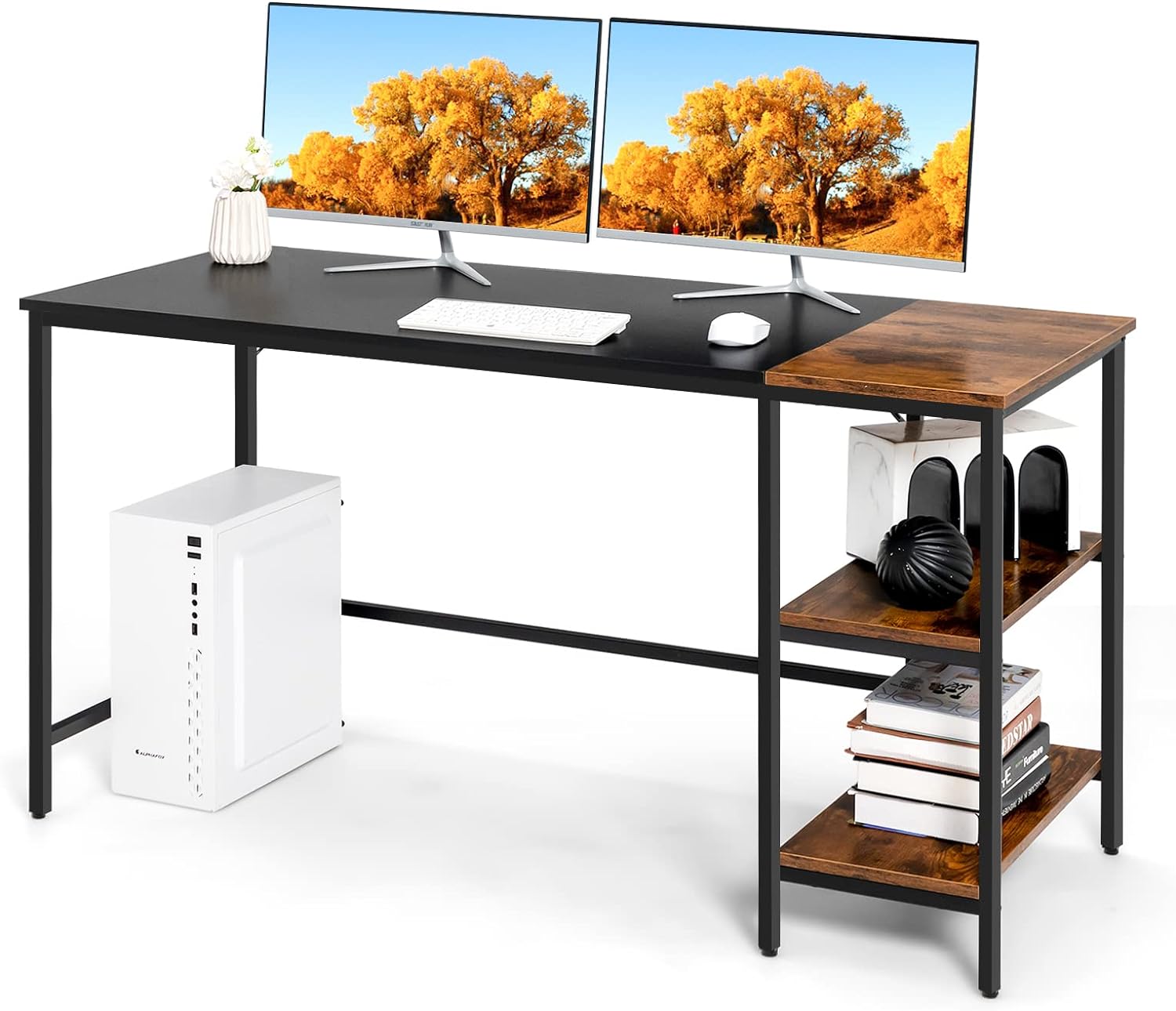 Multifunctional Computer Desk, Industrial Study Writing Desk w/Removable Storage Shelf, Heavy-Duty Metal Frame, 55 Inch Desk for Home Office, Gaming Room, Bedroom (Black)