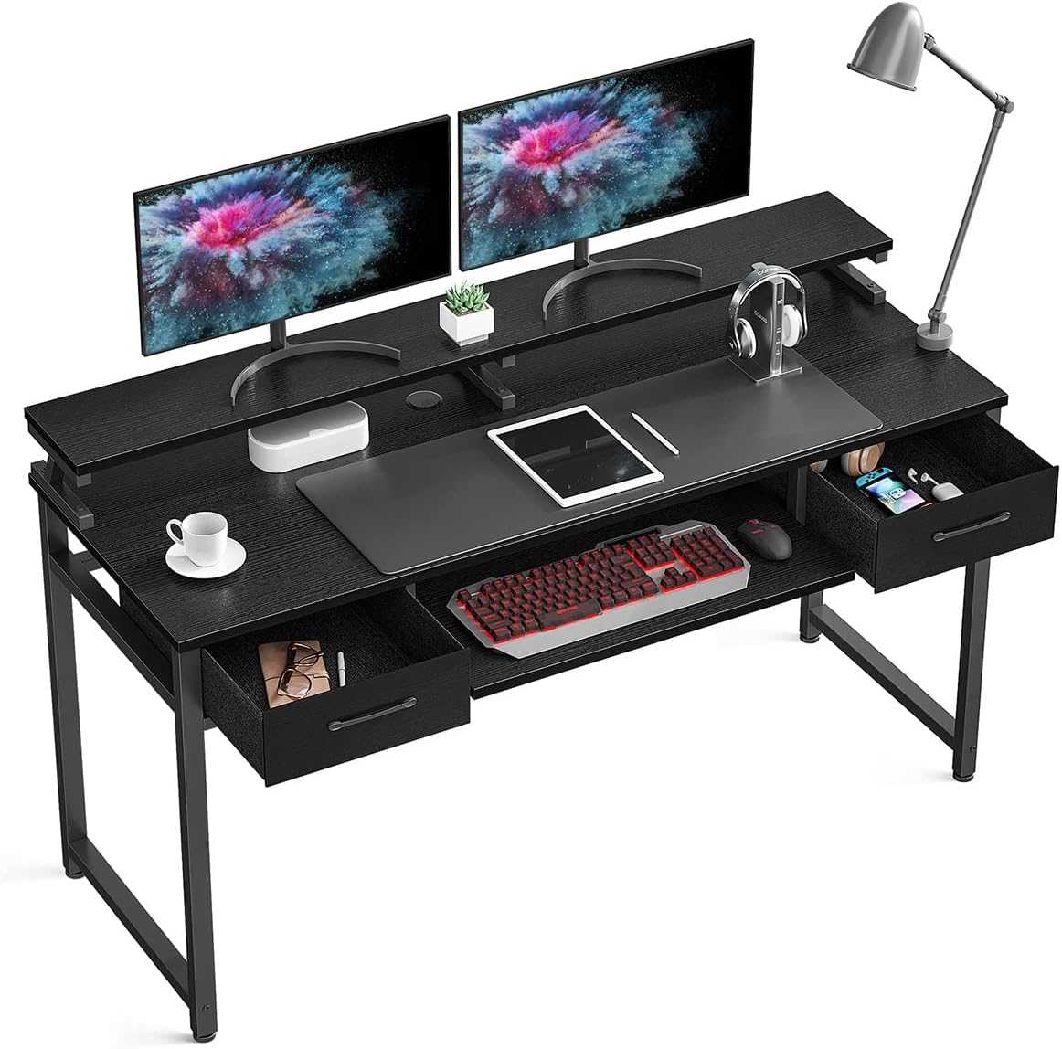 ODK Computer Desk Study Table, 55 Inch Office Desk with Drawers and Keyboard Tray, Study Desk Work Desk with Monitor Shelf, Writing Desk with Storage for Home Office, Black