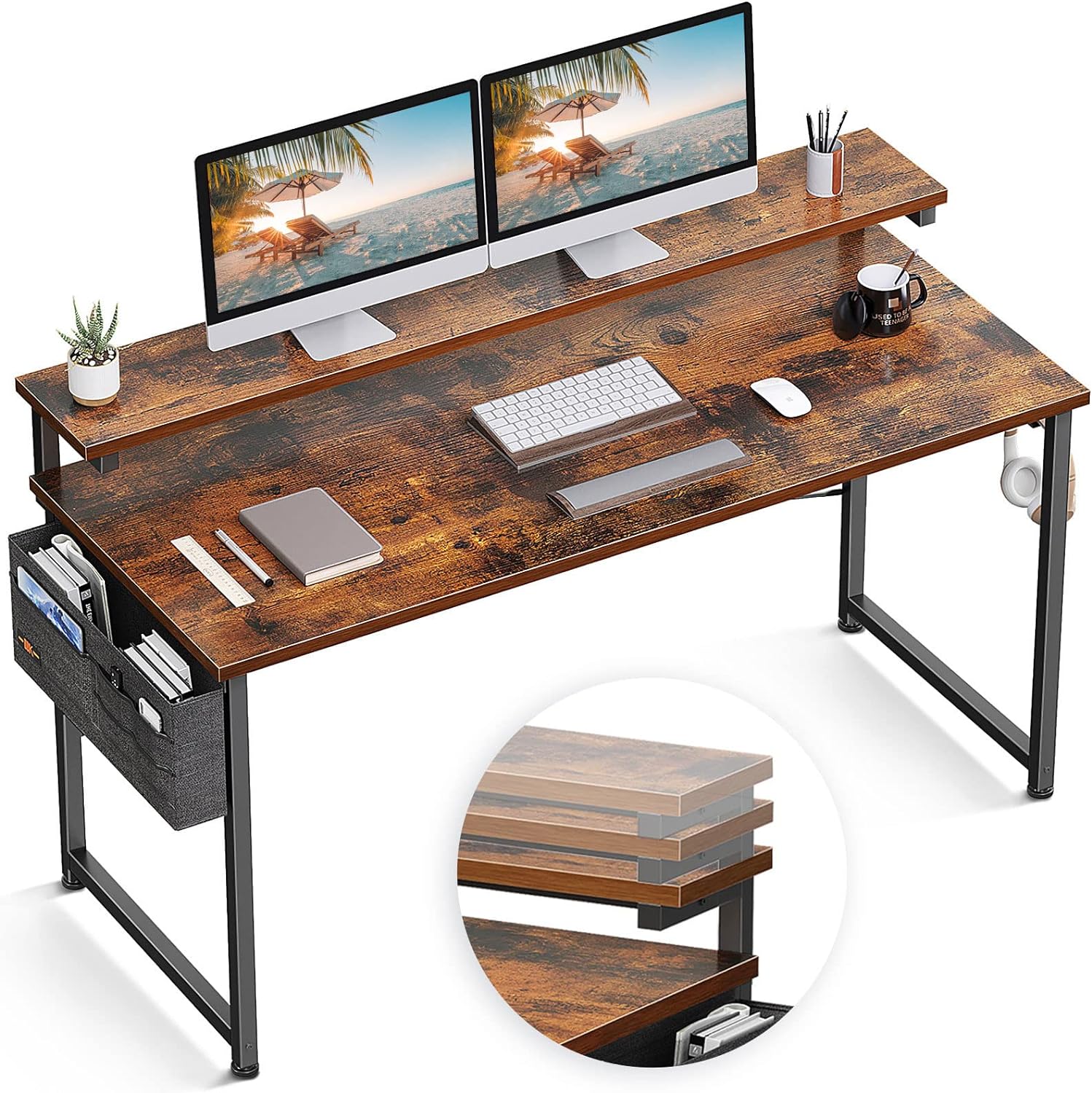 ODK Computer Desk with Adjustable Monitor Shelves, 55 inch Home Office Desk with Monitor Stand, Writing Desk, Study Workstation with 3 Heights (10cm, 13cm, 16cm), Rustic Brown