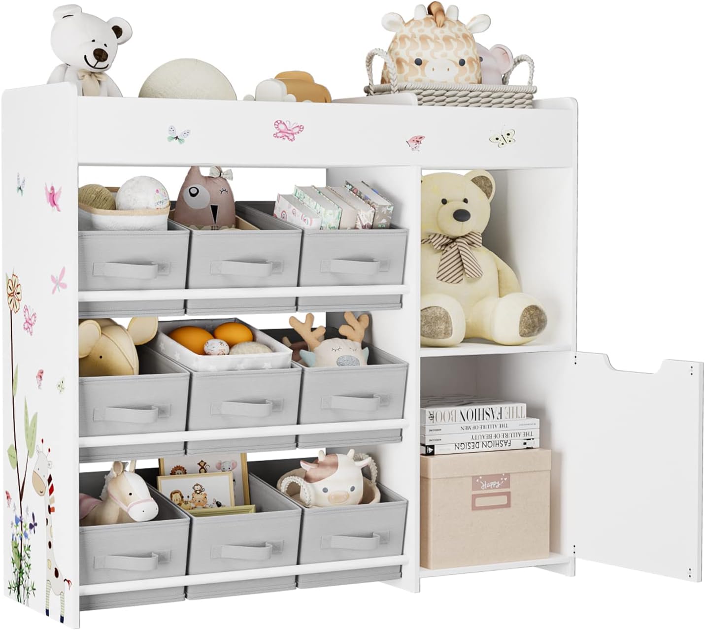 Kids Bookshelf, Toy Storage Organizer with Bookcase, Children' Toy Shelf with 9 Bins for Children' Room, Playroom, Hallway, Kindergarten, School White