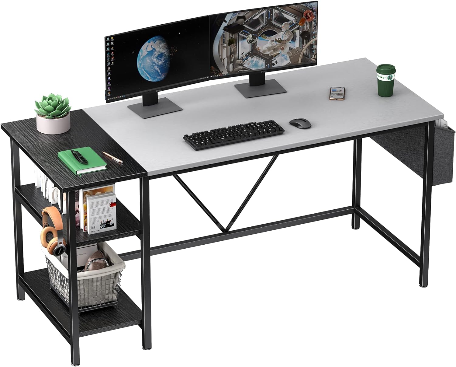 63 inch Computer Desk with 2-Tier Bookshelf Home Office Writing Workstation Study Desk Modern Simple Style Laptop Table with Storage Bag