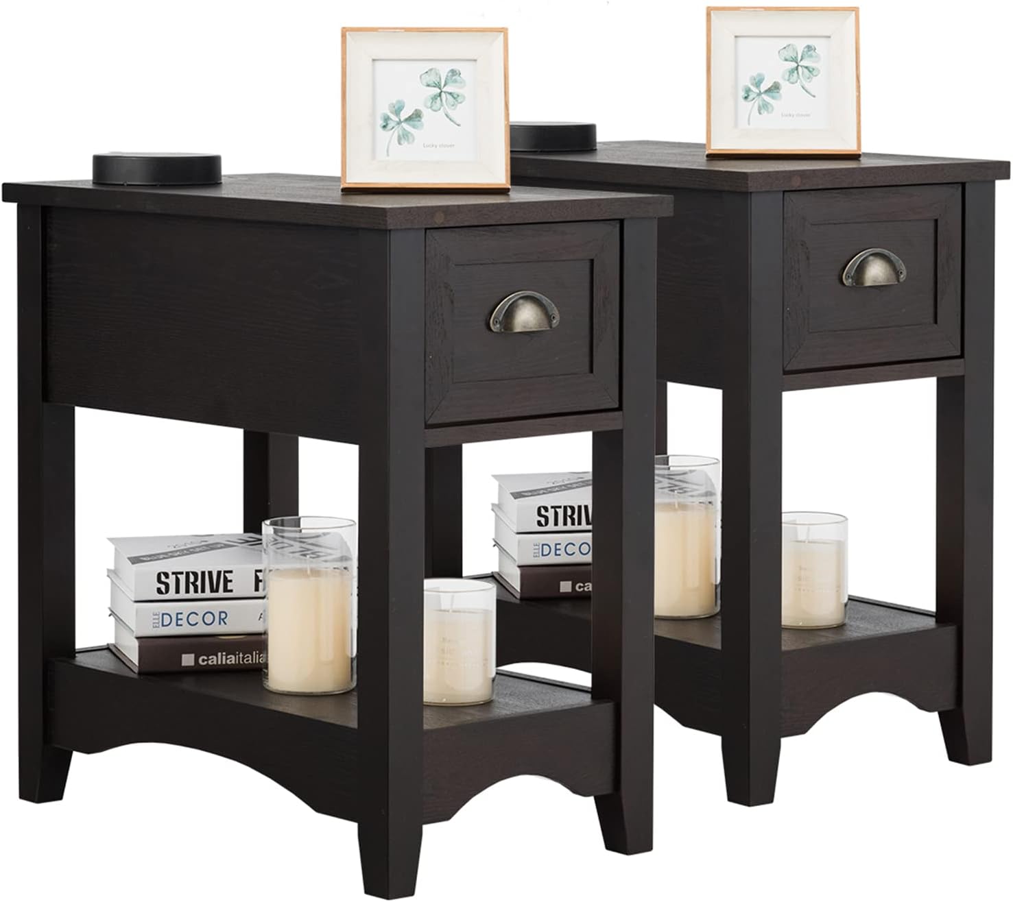 KOTEK End Table with Drawer and Open Shelf, Retro Narrow Side Table Nightstand w/Solid Wood Legs, Slim End Table for Small Space, Living Room, Bedroom, Home Office (Set of 2, Espresso)