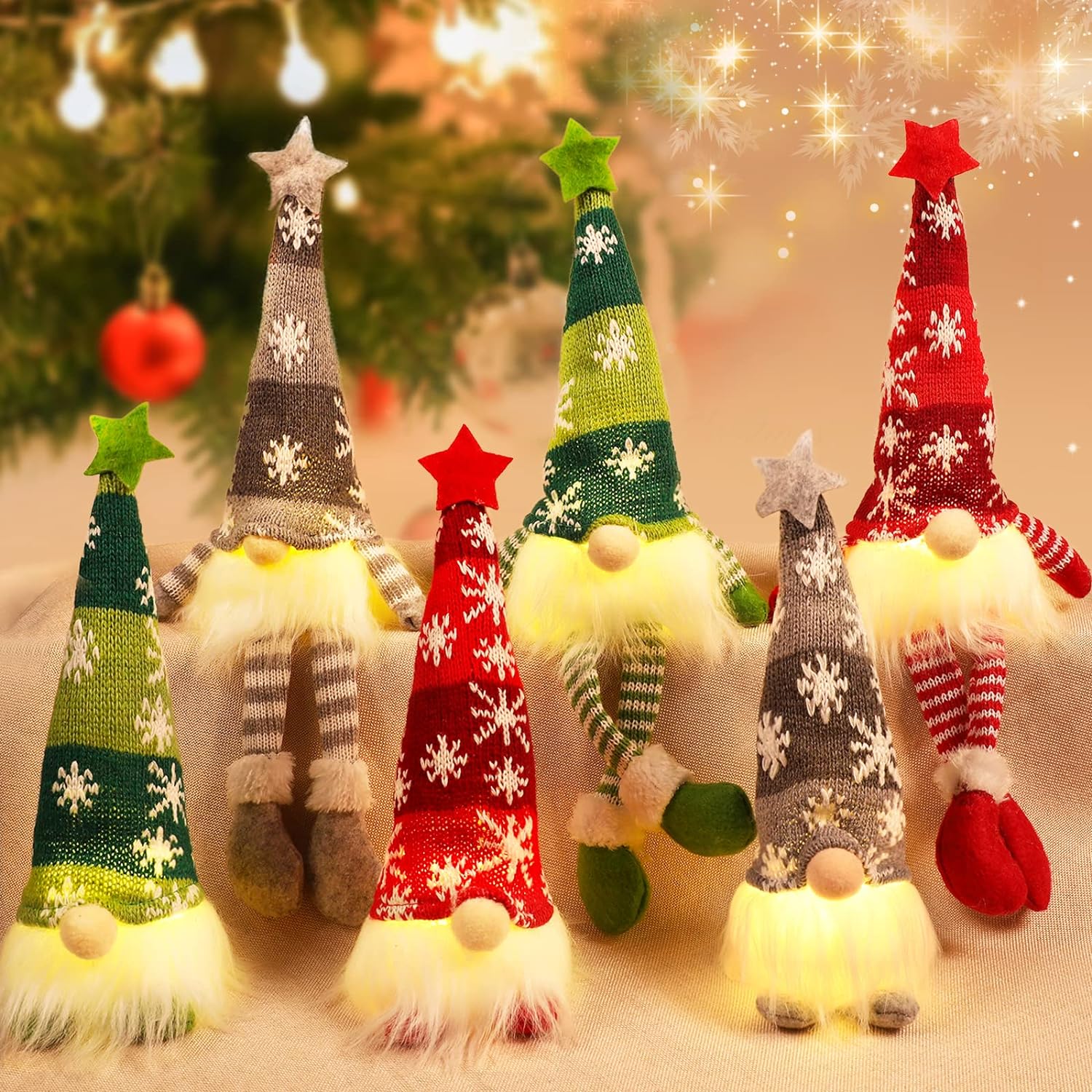 HINZER 6 Pack Gnomes Christmas Decorations 13.7 Lighted Swedish Tomte Xmas Gnome Plush Elf Doll Scandinavian Santa Christmas Ornaments Light Up Holiday Indoor Home Tabletop Decorations Gifts