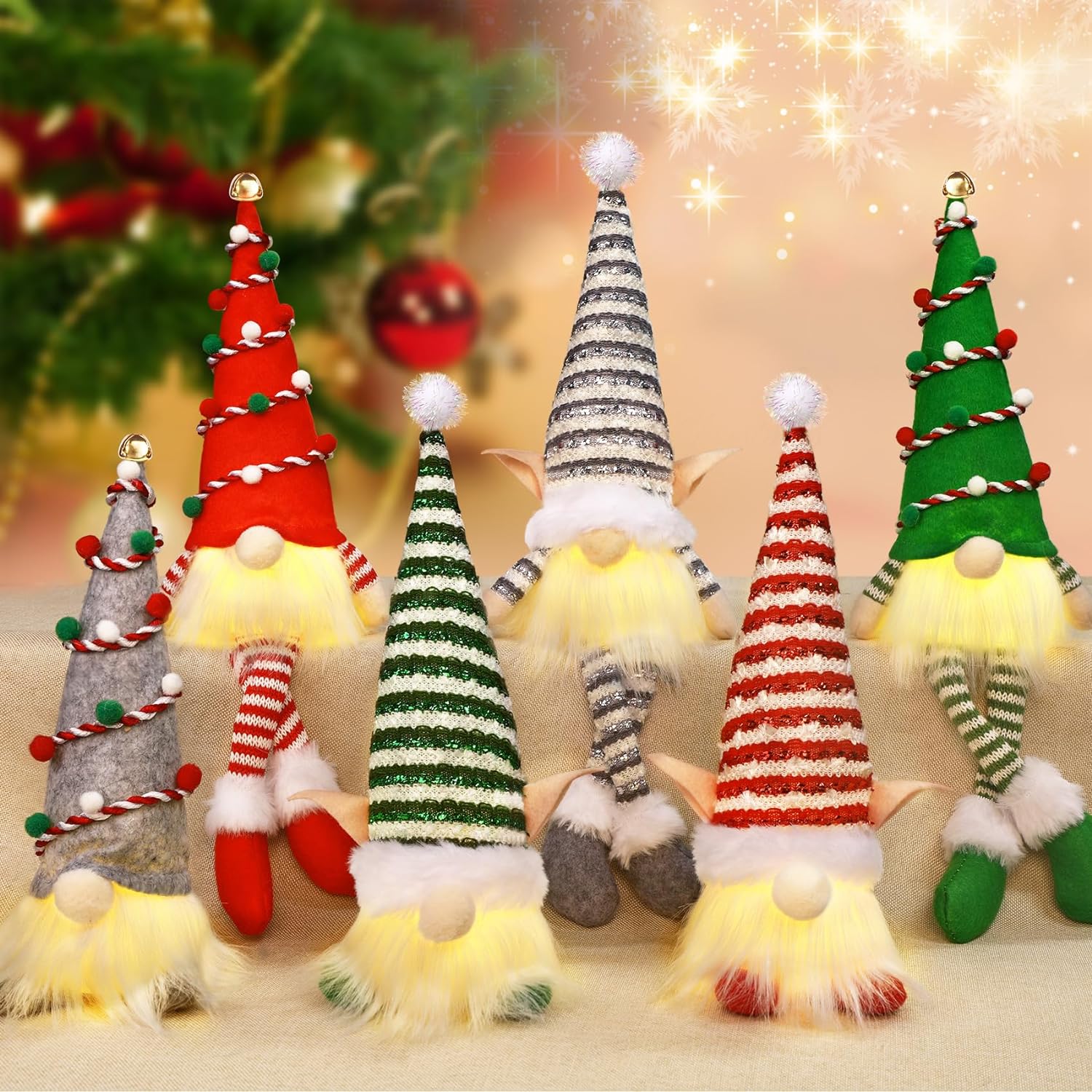 HINZER 6 Pack Gnomes Christmas Decorations 13.7 Lighted Swedish Tomte Xmas Gnome Jingle Bell Plush Elf Doll Scandinavian Santa Christmas Ornaments Light Up Holiday Indoor Home Tabletop Decor Gifts