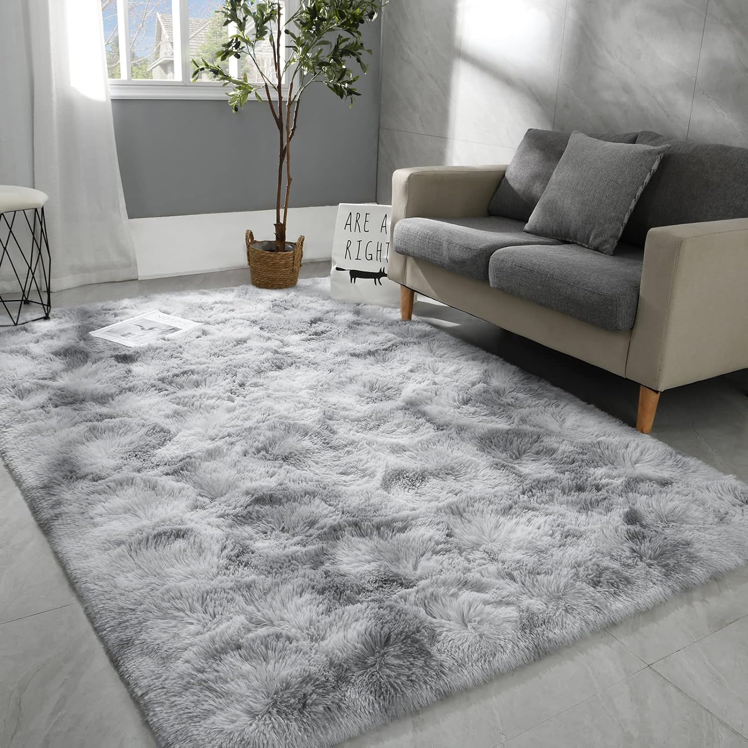 5x8 Large Area Rugs for Living Room, Super Soft Fluffy Modern Bedroom Rug, Tie-Dyed Light Grey Indoor Shag Fuzzy Carpets for Girls Kids Nursery Room Home Decor