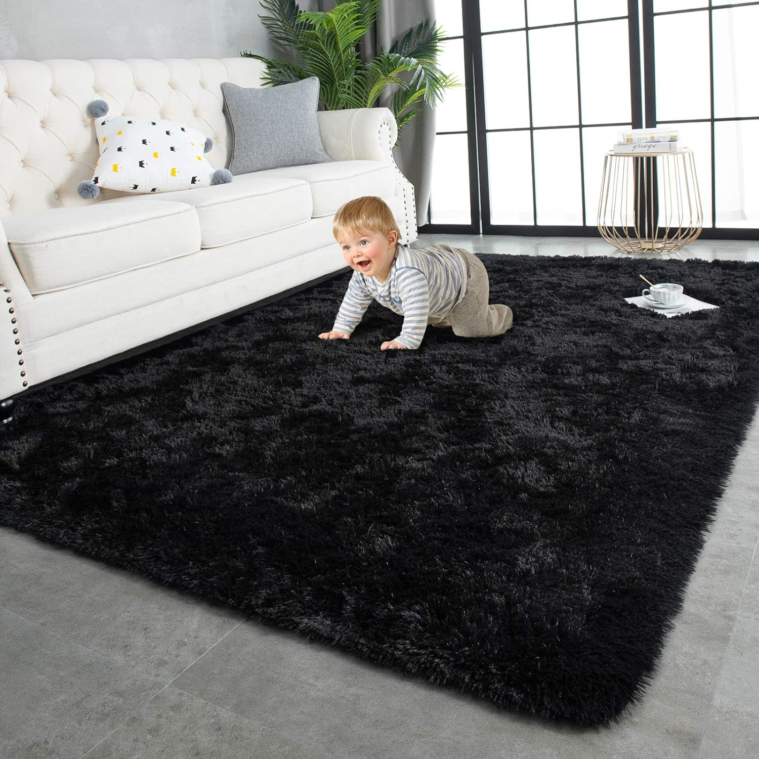 TWINNIS Super Soft Shaggy Rugs Fluffy Carpets, 4x5.9 Feet, Indoor Modern Plush Area for Living Room Bedroom Kids Nursery Home Decor, Upgrade Anti-Skid Durable Rectangular Fuzzy Rug, Black