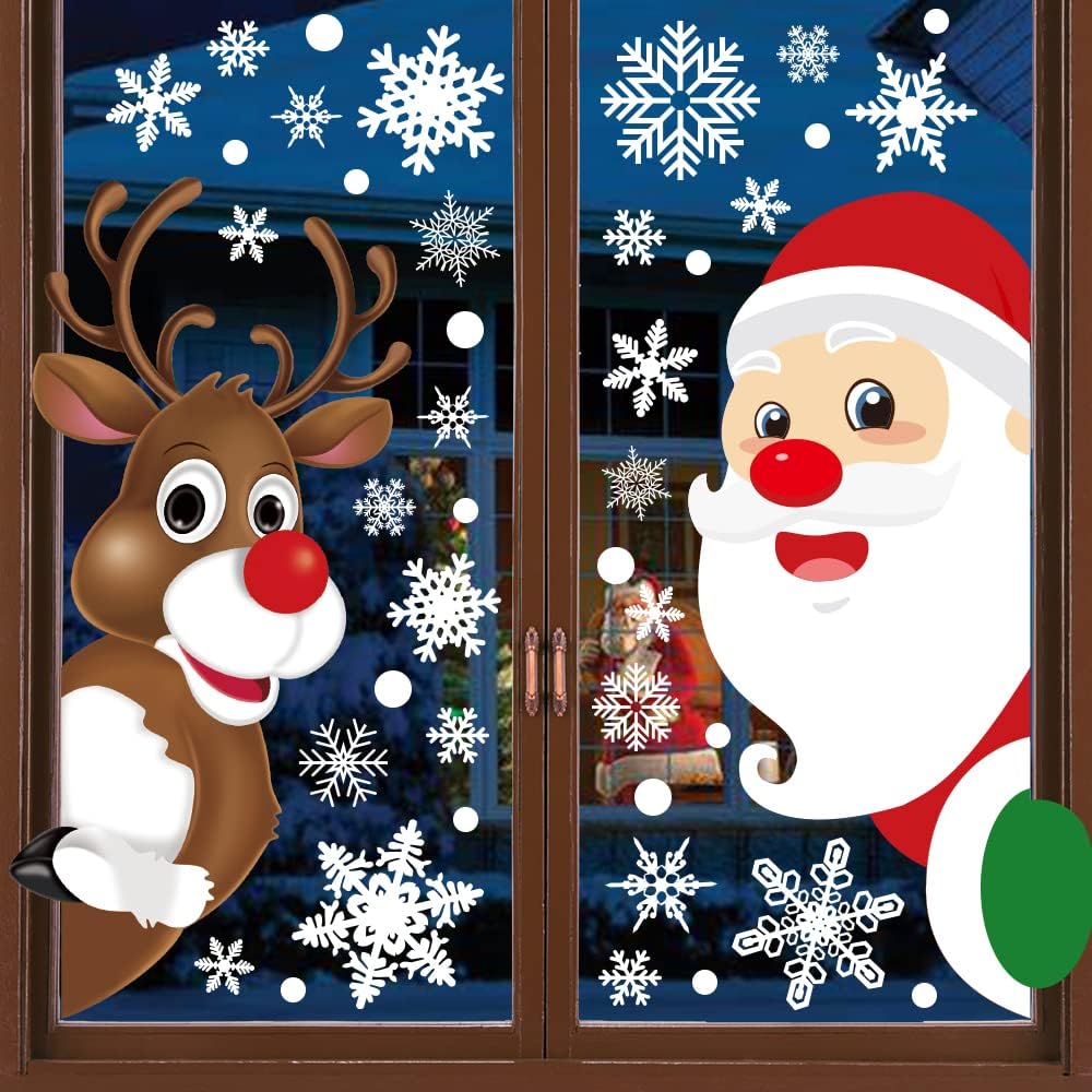 HINZER 310Pcs Christmas Window Clings Christmas Window Decorations Xmas Window Flakes Christmas Decals for Home Deer Santa Claus and Snowflakes